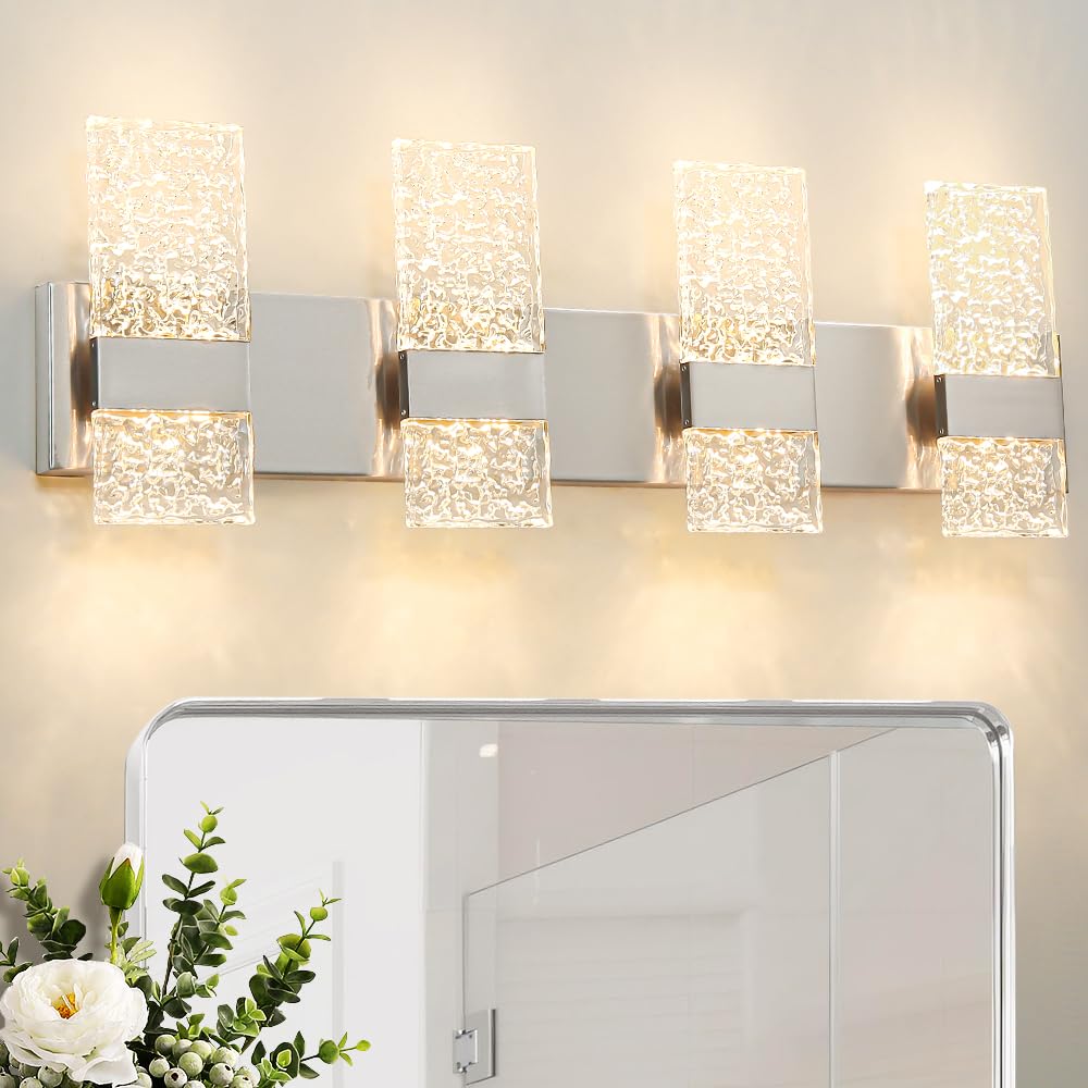 Modern Brushed Nickel 8-Lights Bathroom Vanity Light  Eleglant Nickel Led Bathroom Light Fixtures Over Mirror  Dimmable Acrylic Shade Wall Lighting Fixtures  Hardwired Wall Light(H9.25In  L28.35In)