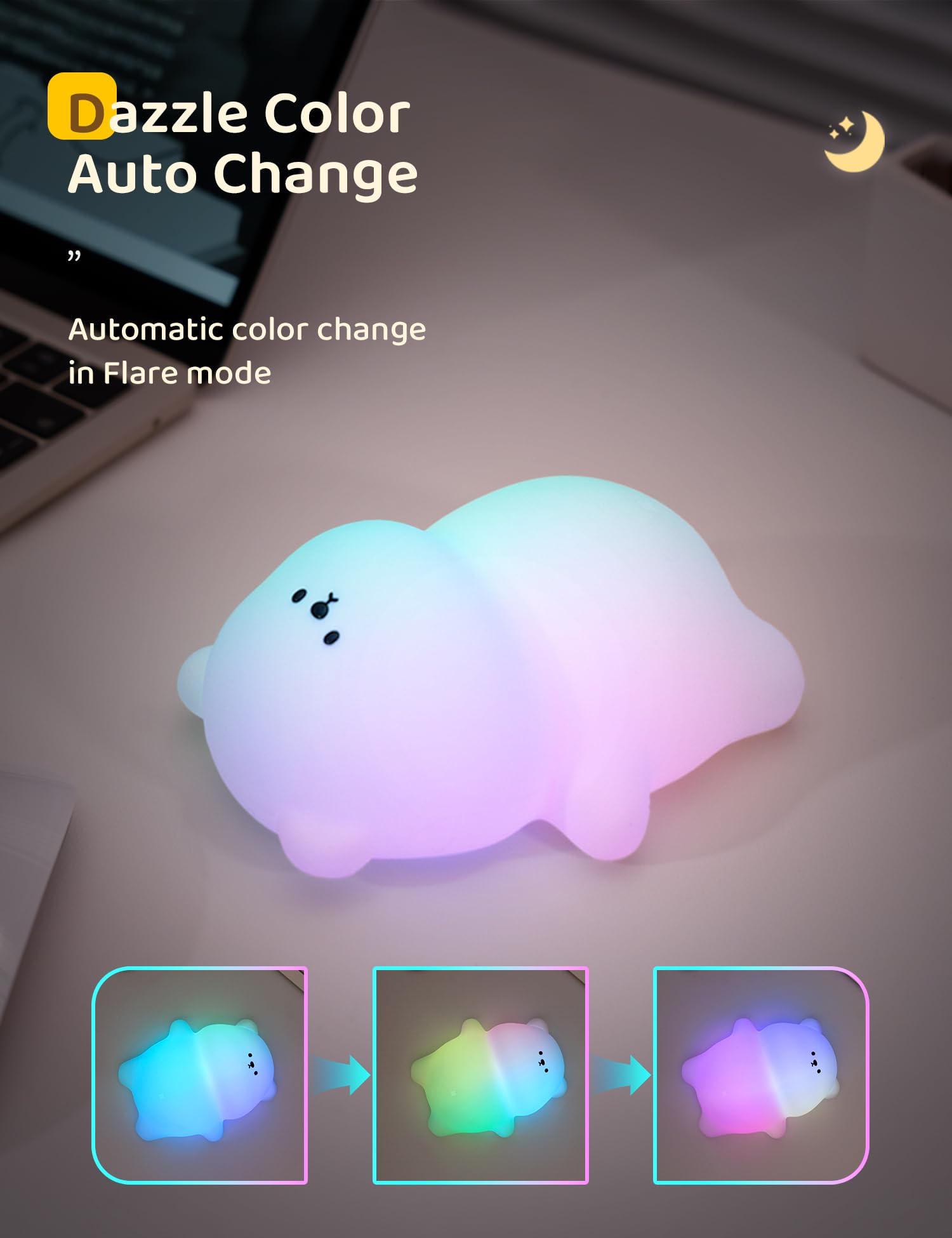 WANIDEA Night Light for Kids, Rechargeable Silicone Bear Light, 7 Color RGB, 3 Dimming Levels, Cute Nursery Decoration