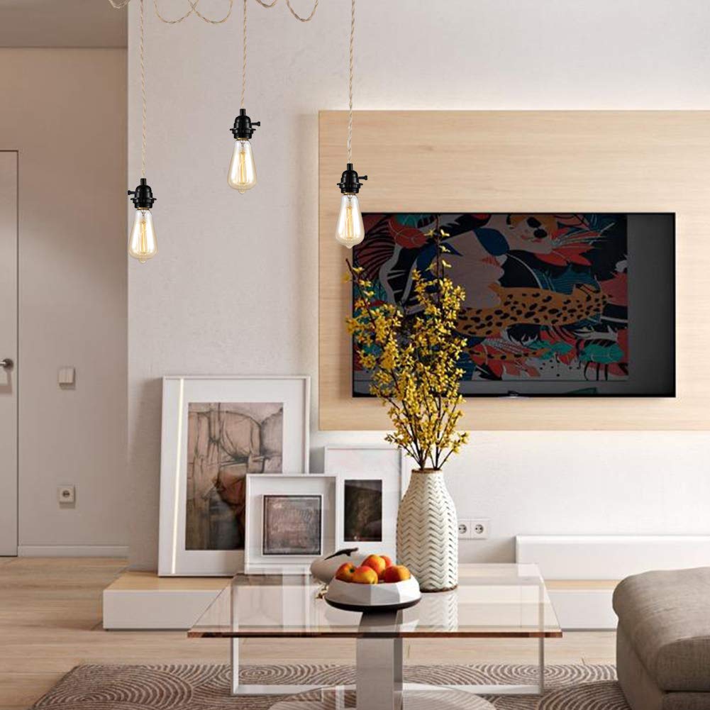 Yiliaw 27FT 3-Light Plug-in Pendant Light with Hemp Rope, Industrial Style Hanging Lamp for Farmhouse Bedroom Living Room Decor
