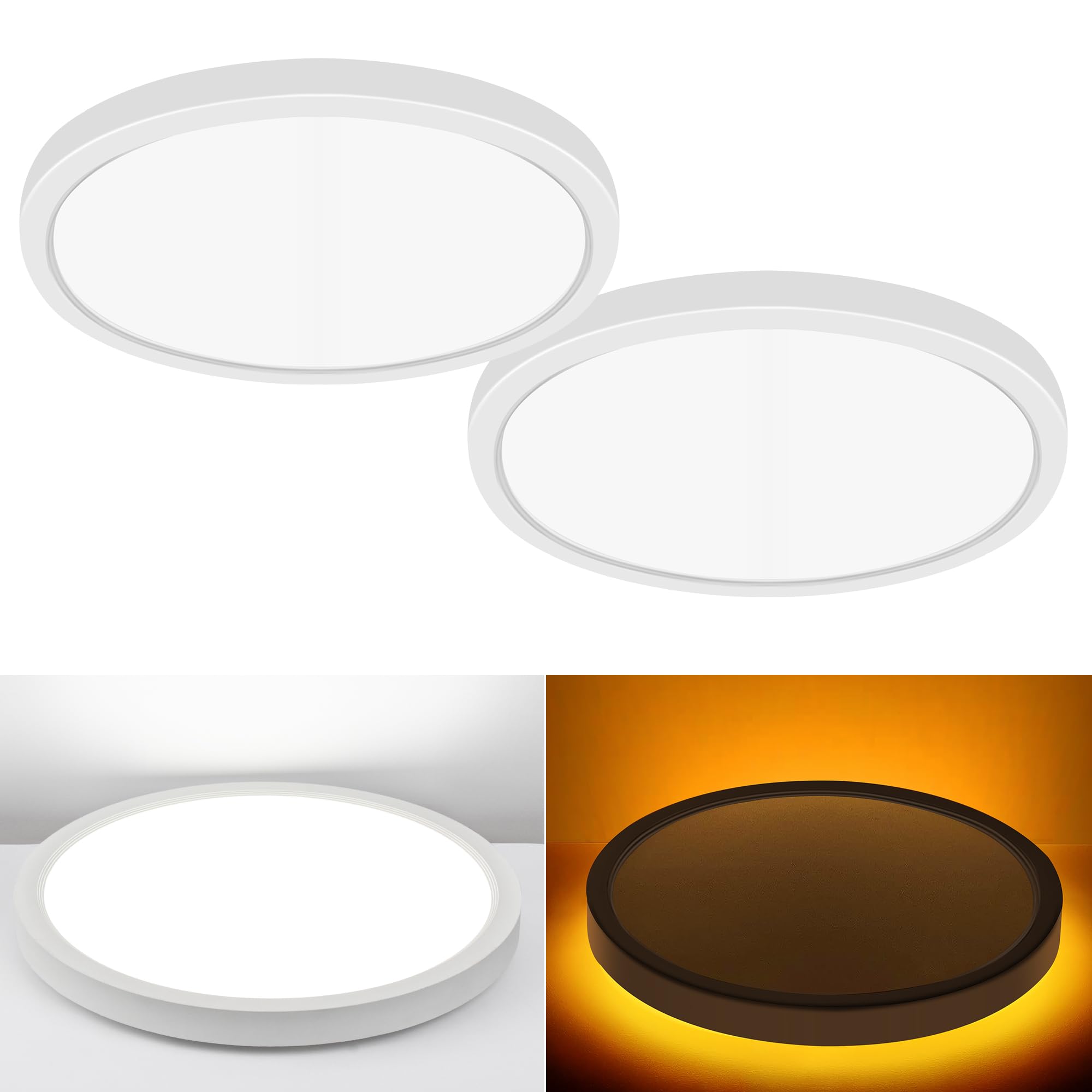 Hlite 12 Inch Flush Mount Led Ceiling Light With Night Light, 24W, 2400Lm, 3000K/4000K/5000K Selectable, Flat Lights For Ceiling, Dimmable Led Ceiling Light For Bedroom, Kitchen, White(2Pack)