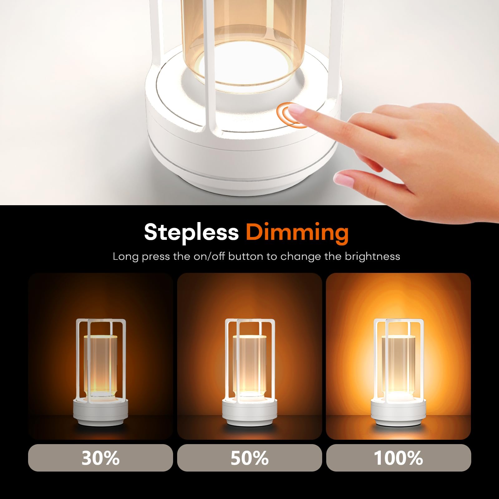 HAPYGI Portable Metal Table Lamp, Rechargeable LED, 3-Colour Dimming, Small Desk Lamp, White Set of 2