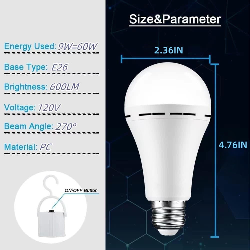 NOTOC Rechargeable LED Light Bulbs 9W 600 Lumen Warm White Pack of 4, Model NOTOC-A19D-3000K, Battery Operated, ABS Material