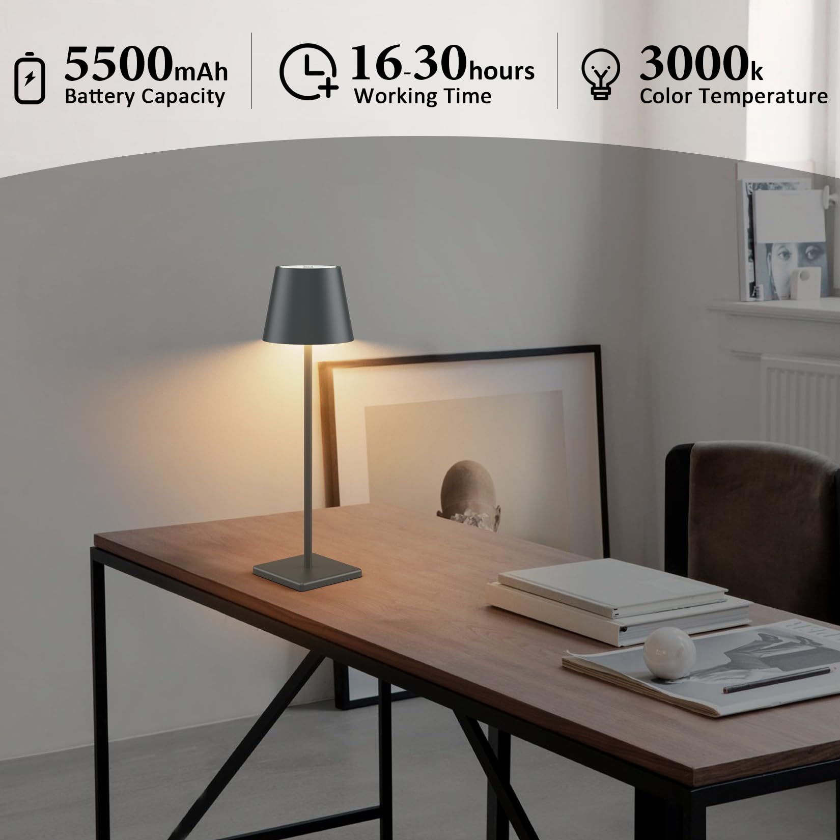 Aoceley LED Cordless Table Lamp, 2-Pack, Rechargeable 5500mAh, Stepless Dimming, IP54 Waterproof, Anthracite, Model HT-010