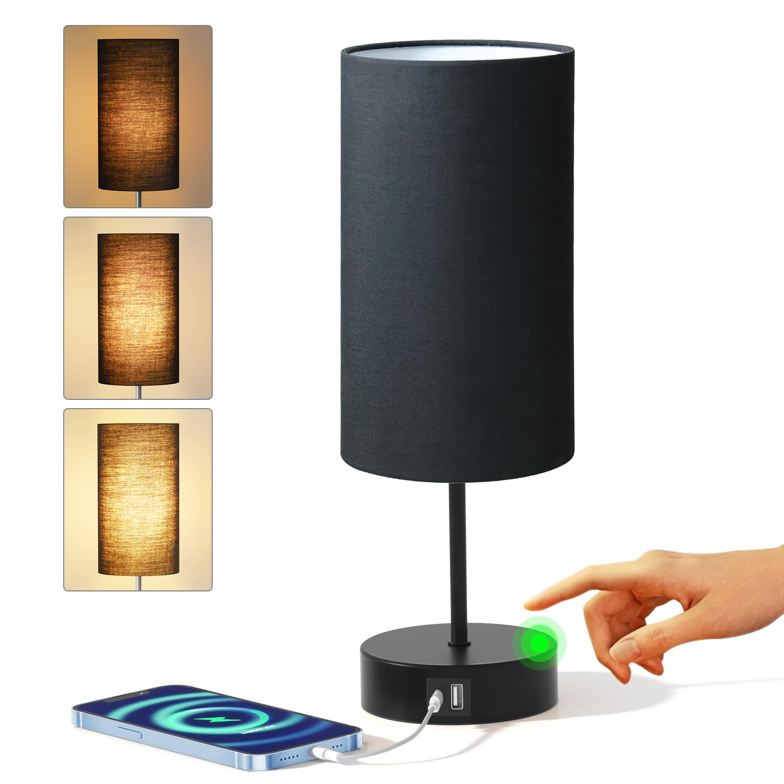 KPQ Touch Control Bedside Lamp with USB Charging Ports, 3-Way Dimmable, Linen Shade, Matte Black Base, Model T426