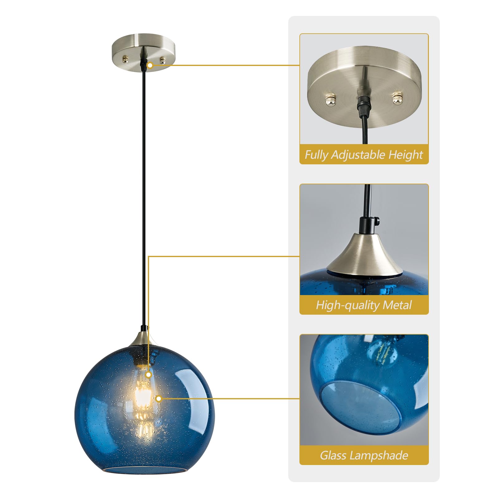 Lbsqj Blue Glass Pendant Lights Kitchen Island Lighting Globe Pendant Light Fixtures Modern Pendant Lighting For Kitchen Island Bedroom Living Dining Room Light Fixture(9.84In  3-Pack)