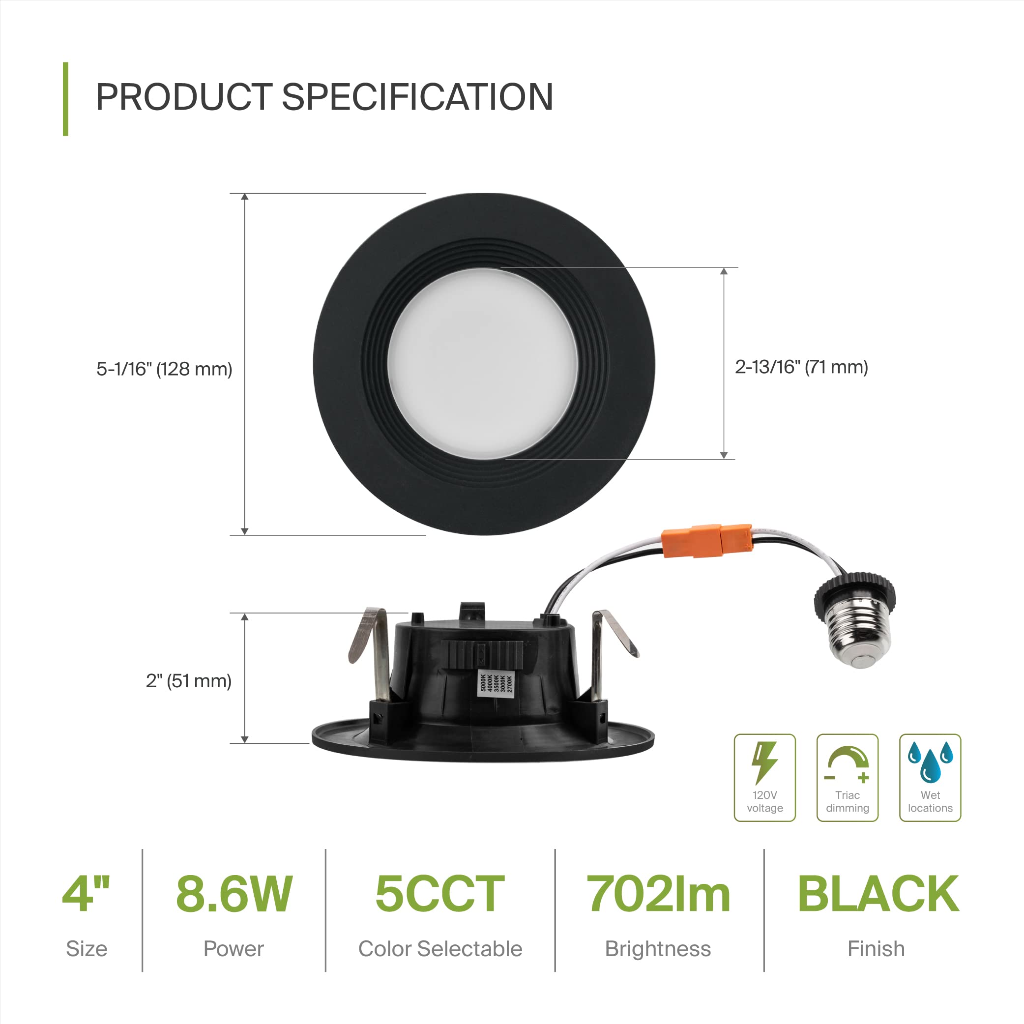 ASD LED Recessed Lighting 4 Inch 9W 700 Lm Dimmable Wet Rated Black 6 Pack Model A-LRKR-4D9AC-BK-6p