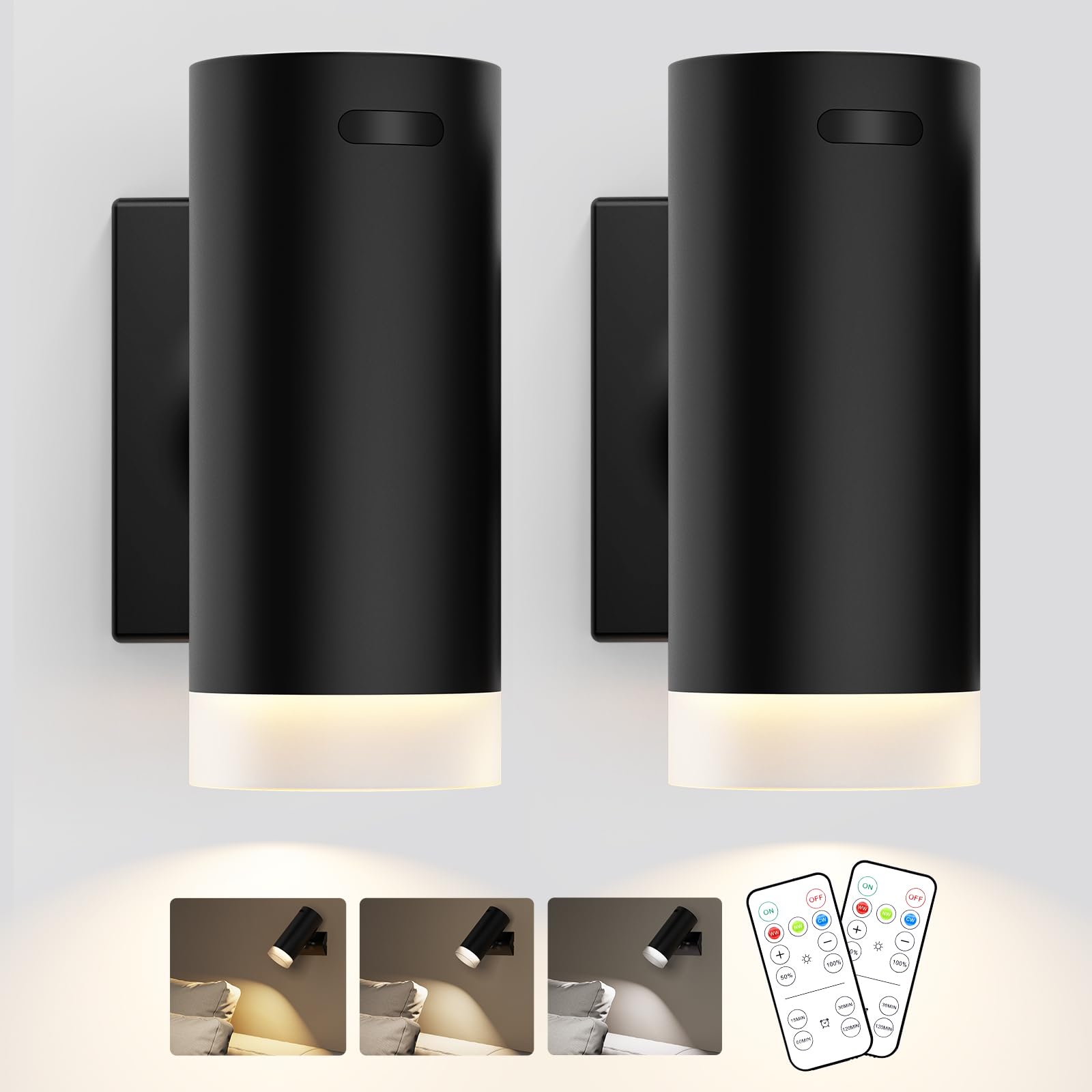 Afyuol Battery Operated Wall Sconces, 3CCT Dimmable, Wireless Set of 2, Rechargeable, Black and White, Model AF-3CCT2PC