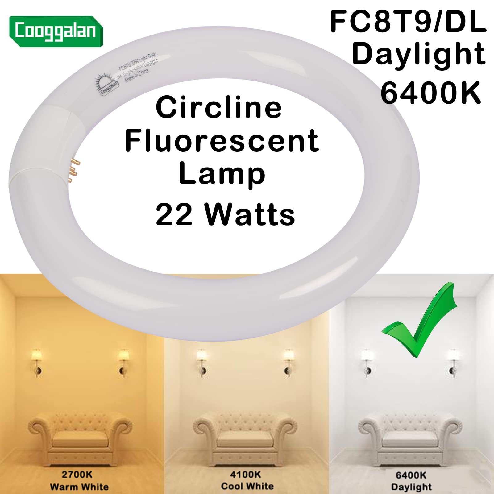 Cooggalan 8 Inch T9 22 Watts Round Light Bulbs Fc8T9/Dx Circular Fluorescent Light Bulb, Fc8T9/Dl 22W Circline Bulb, Daylight 64