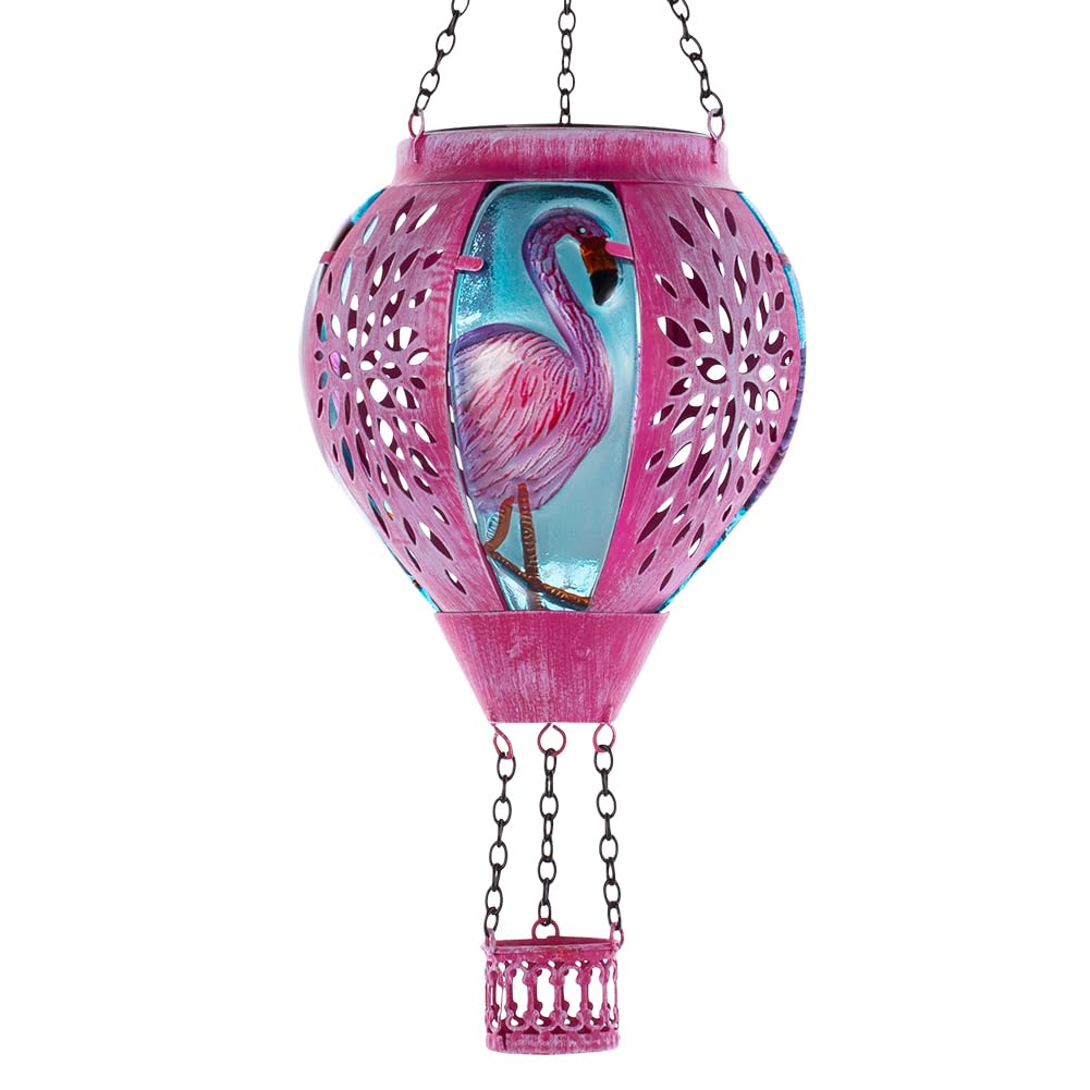 Starsoul Pink Hot Air Balloon Solar Lantern Flamingo Metal & Glass Solar Hot Air Balloon Hanging Garden Light Waterproof Outdoor