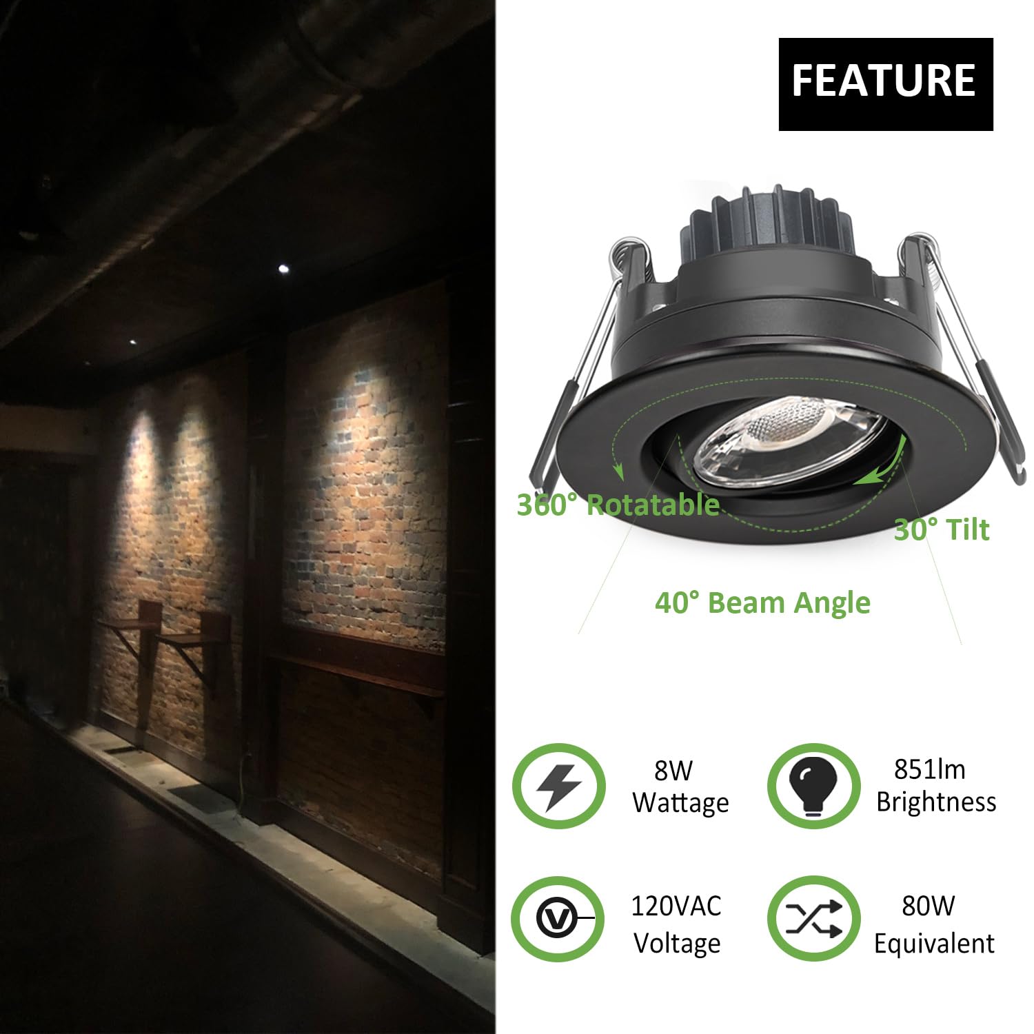 POPANU Canless Recessed Gimbal Downlight 8W Dimmable 5 CCT 3 Inch Black Round Trim, Model 8414797652885, 6 Pack