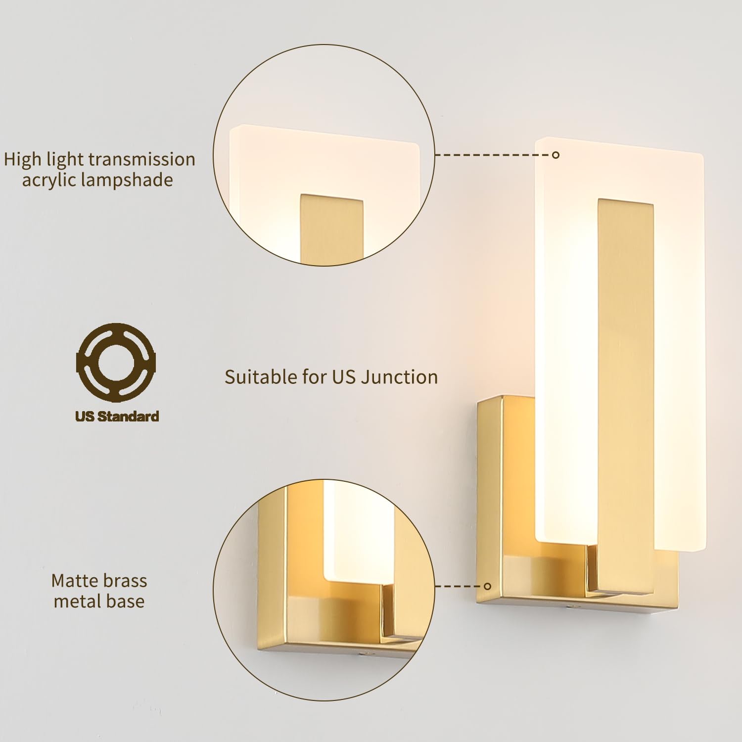 Joosenhouse LED Wall Sconce Set of 2, Brass, 3000K Warm White Light, Hardwired, 9.76 inch - Model 3069