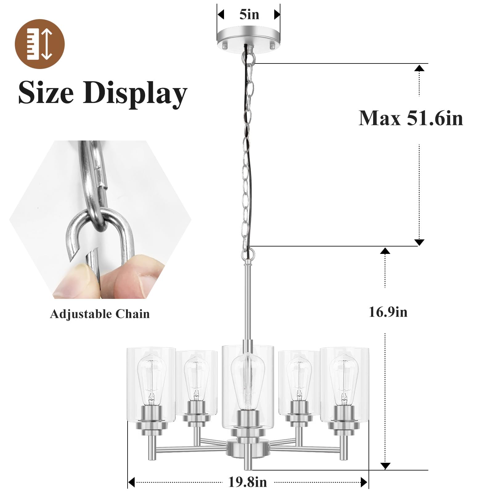 5-Light Chandelier For Dining Room Kitchen Island Modern Farmhouse Pendant Lighting With Clear Glass Shades Industrial Brushed N