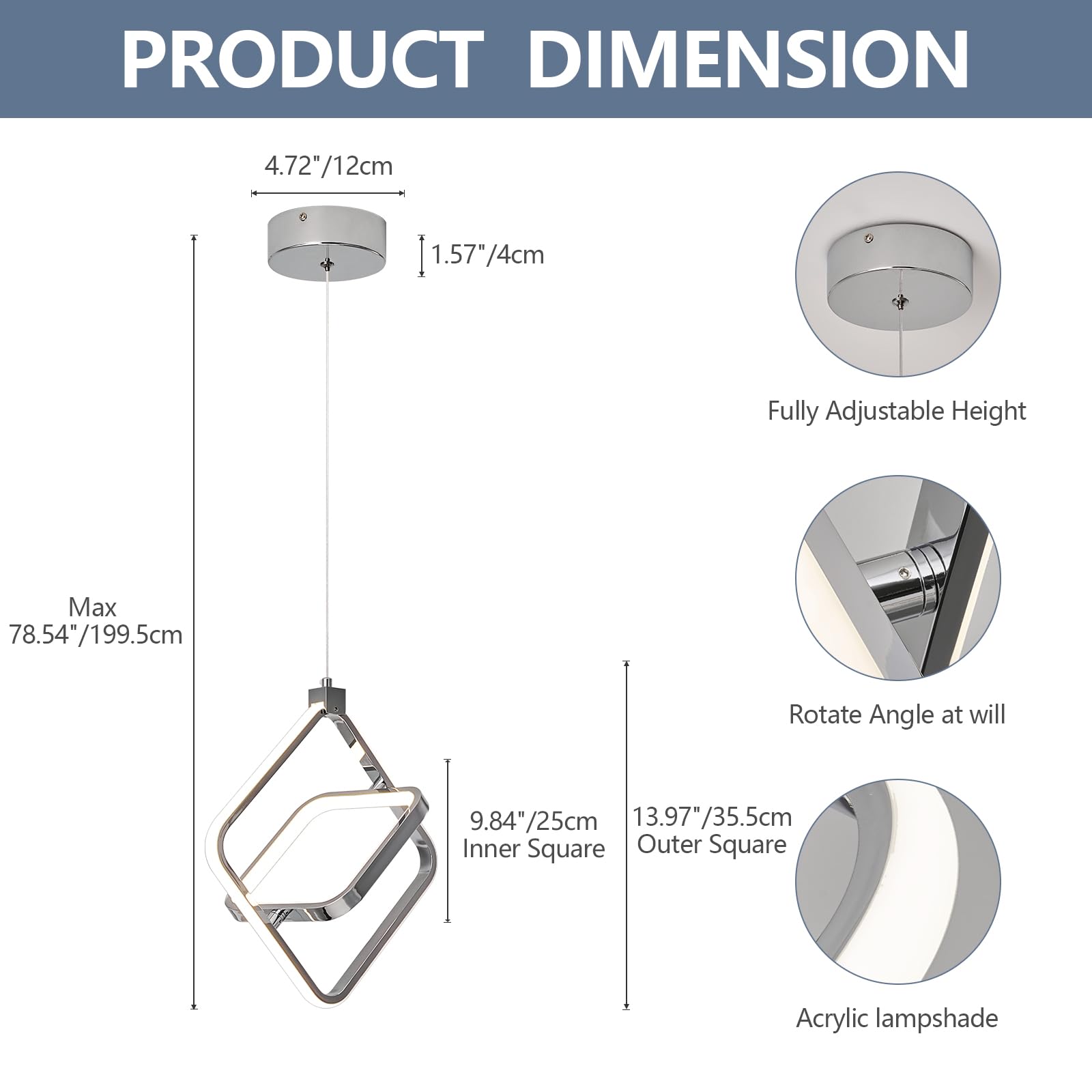 Bnhhlz Modern Led Chandelier Chrome Rectangular Pendant Light Fixtures 4000K 20W Dimmable Height Adjustable Pendant Lighting For