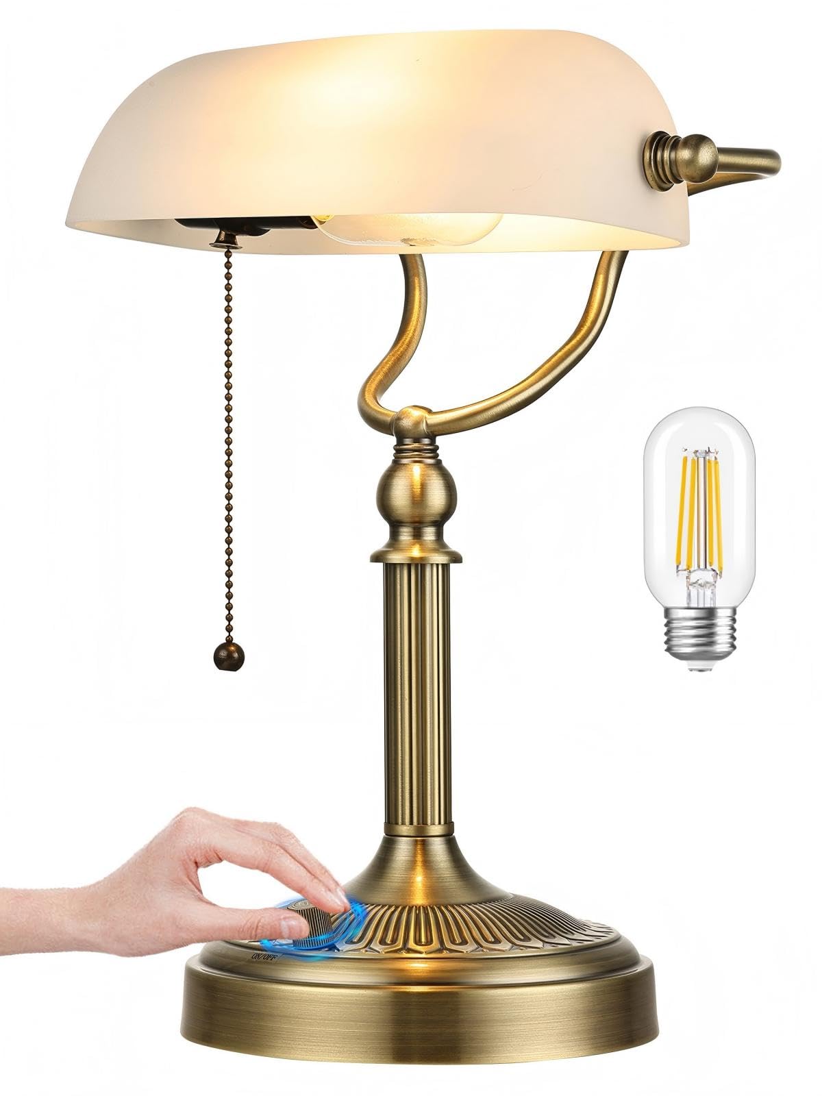 Newrays White Matted Glass Bankers Desk Lamp, Stepless Dimmable, LED Bulb Included, Model T9008