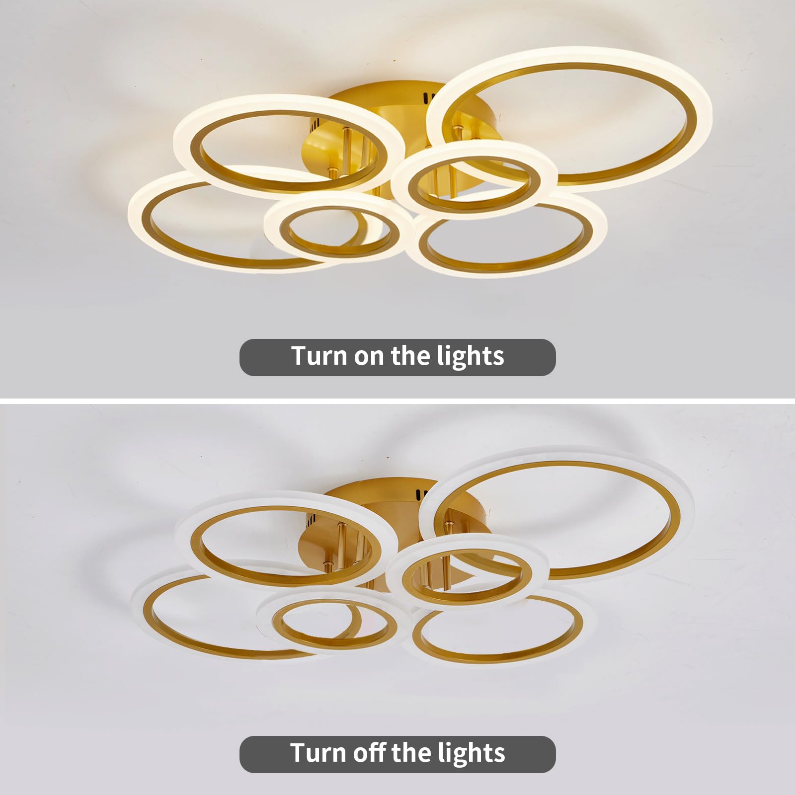 Cyaruy Modern Gold Flush Mount Ceiling Light Fixture With Remote, 3000K-6500K Dimmable, 6-Ring Round Led Chandelier Ceiling Lamp