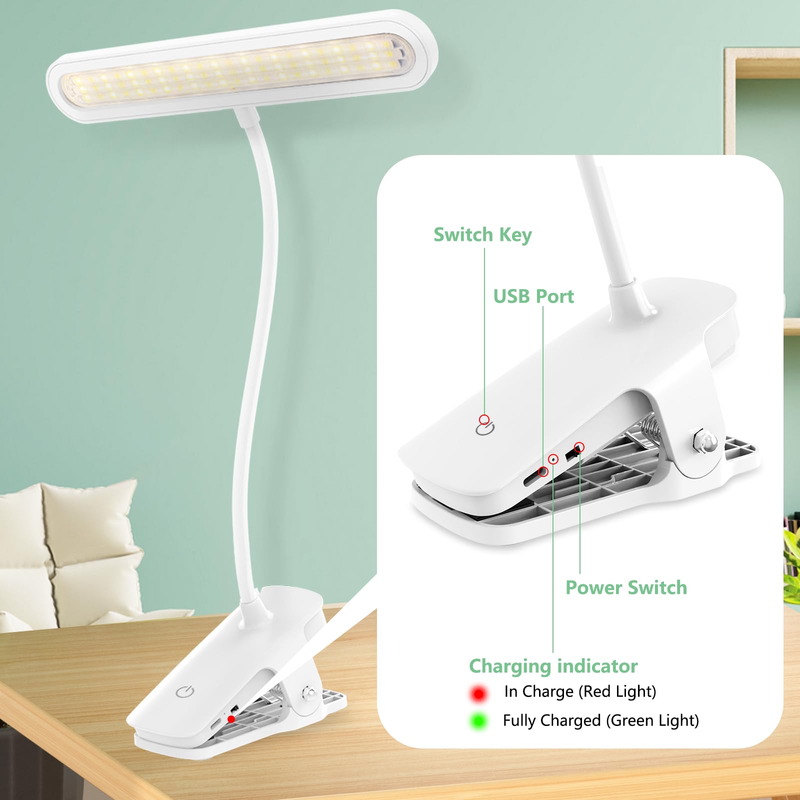 Deaunbr Clip On Light, Reading Lights For Books In Bed, Eye Caring 66 Leds Book Lights, 4 Brightness & Multiple Color Temperatur