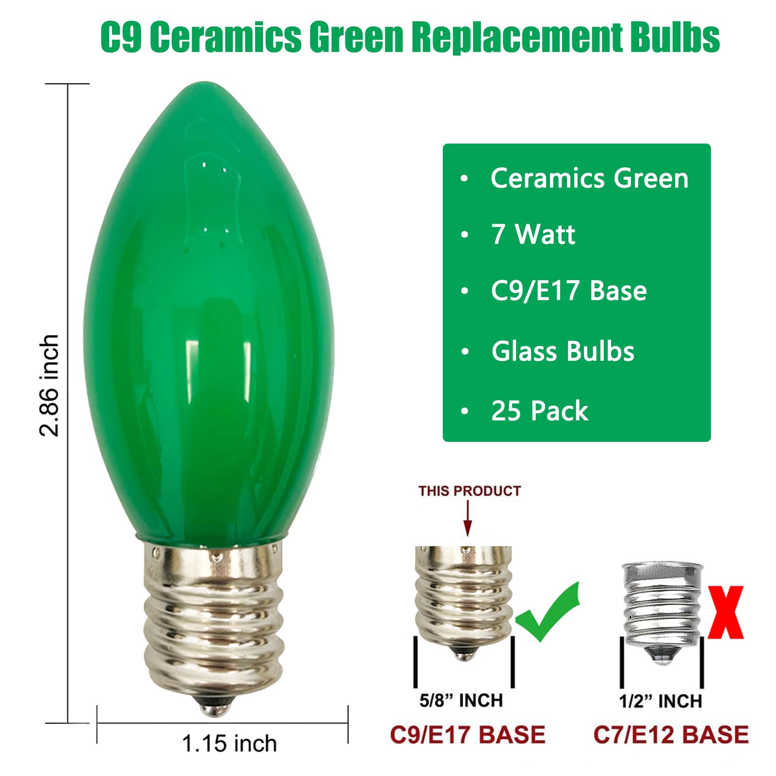 SUNSGNE C9 Green Replacement Bulbs - 25 Pack Vintage Incandescent E17, 7W for St. Patrick's Day, Christmas, Patio Decor