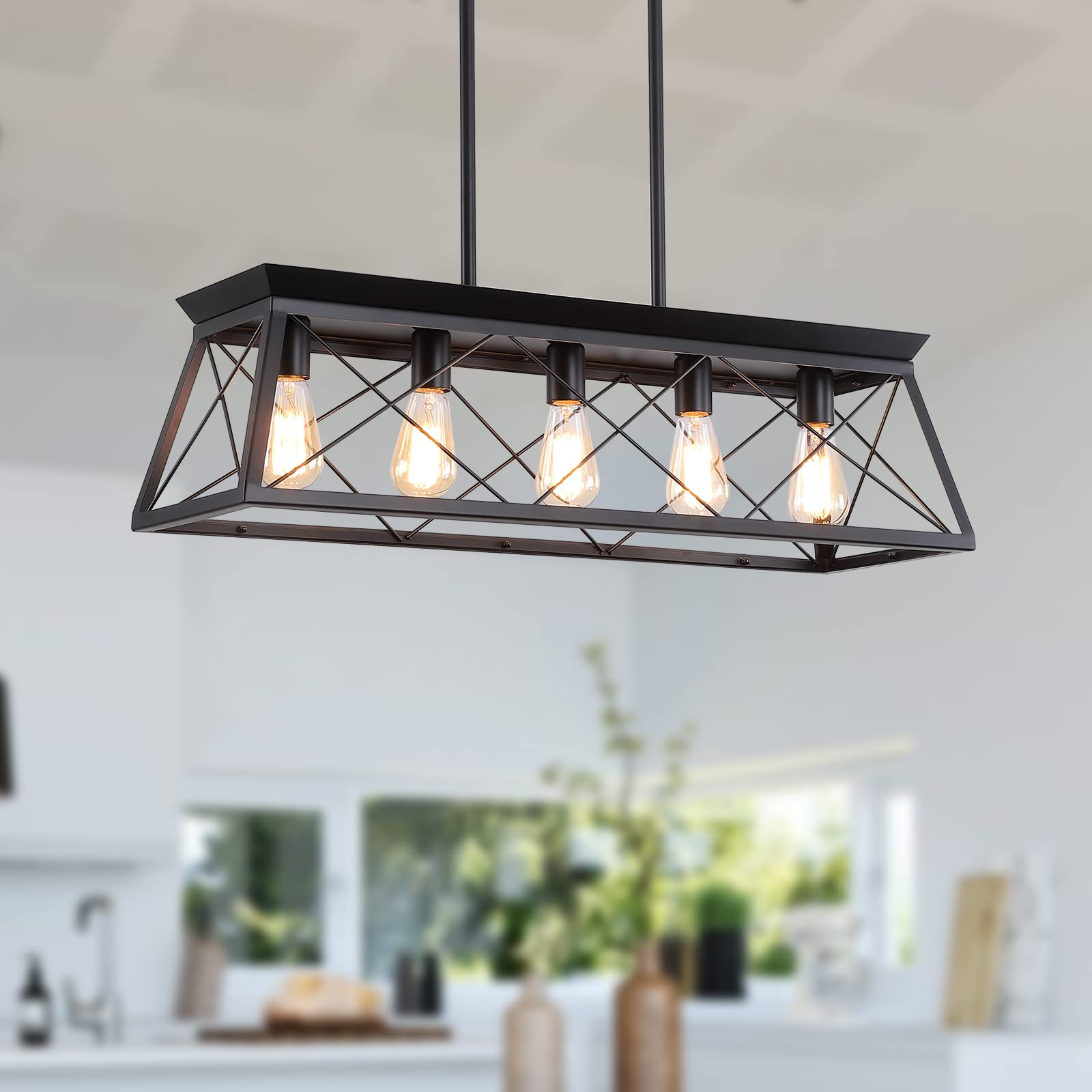 XIPUDA 5-Light Linear Pendant Chandelier, Rustic Iron Ceiling Light Fixture, Black, Model XPD-0059