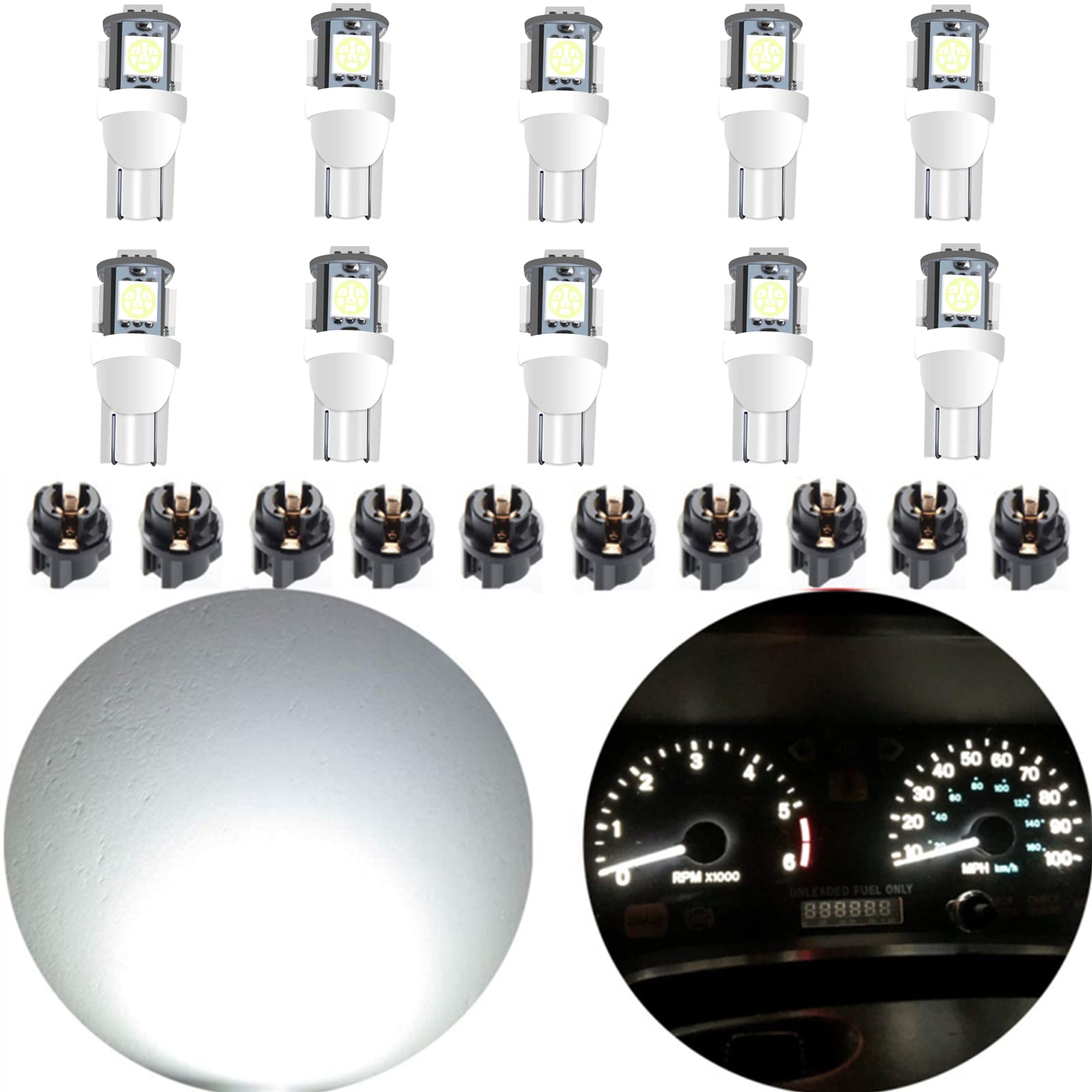 CUSMME 10Pack T10 194 168 LED Light Bulb 158 PC194 161 W5W 147 Instrument Panel Gauge Cluster Dashboard Automotive Light Bulb Xenon White and Twist Lock Socket