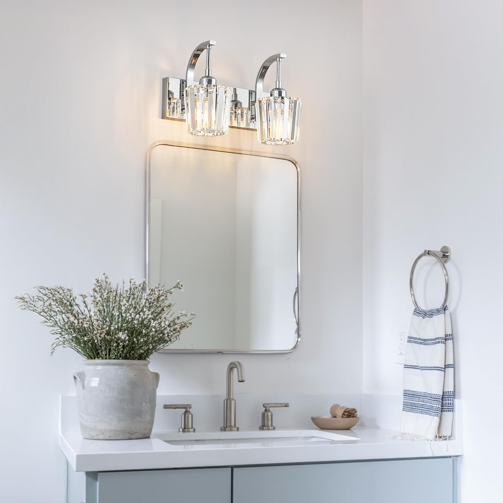 Fdpby Modern Bathroom Vanity Light  2-Light Chrome Wall Sconce With Crystal Accents  Over Mirror Bathroom Lighting Fixture  13.77 Long Dimmable Vanity Lamp For Makeup  Easy Installation