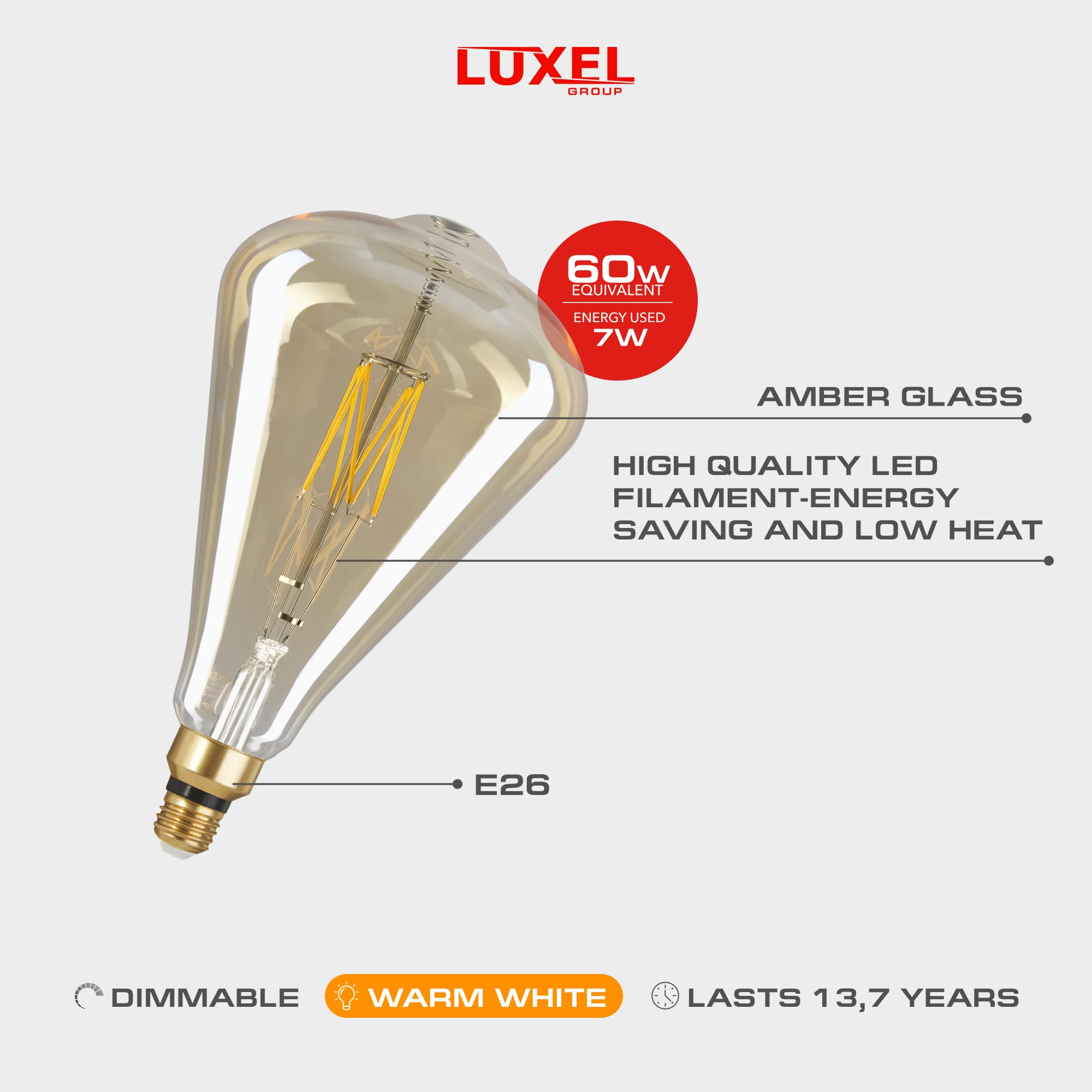 Oversized Edison LED Light Huge Bulb Vintage ST164 7W Equivalent 60W - Dimmable 2200K Warm Amber Glow - 650 Lumens - E26 Base -