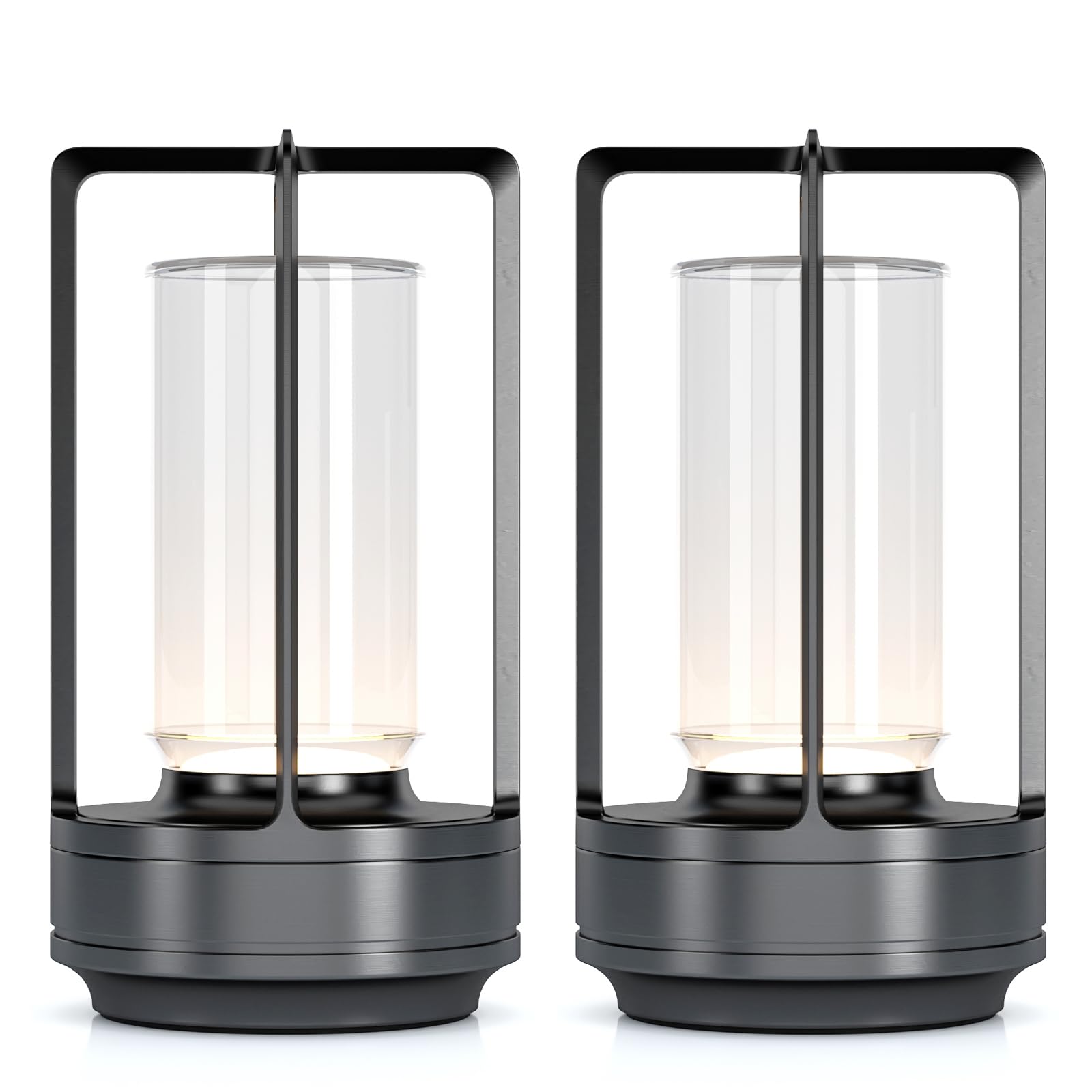 HAPYGI Portable Metal Table Lamp, Rechargeable LED, 3-Colour Dimming, Battery Powered, Grey Set of 2
