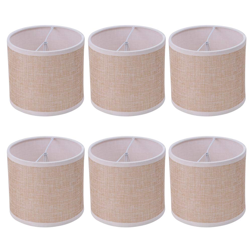 Wellmet Small Chandelier Lamp Shades, Rustic Linen Drum, Hardback Clip-On for E12 Bulbs, 5.5inx5.5inx4in, Set of 6, Brown