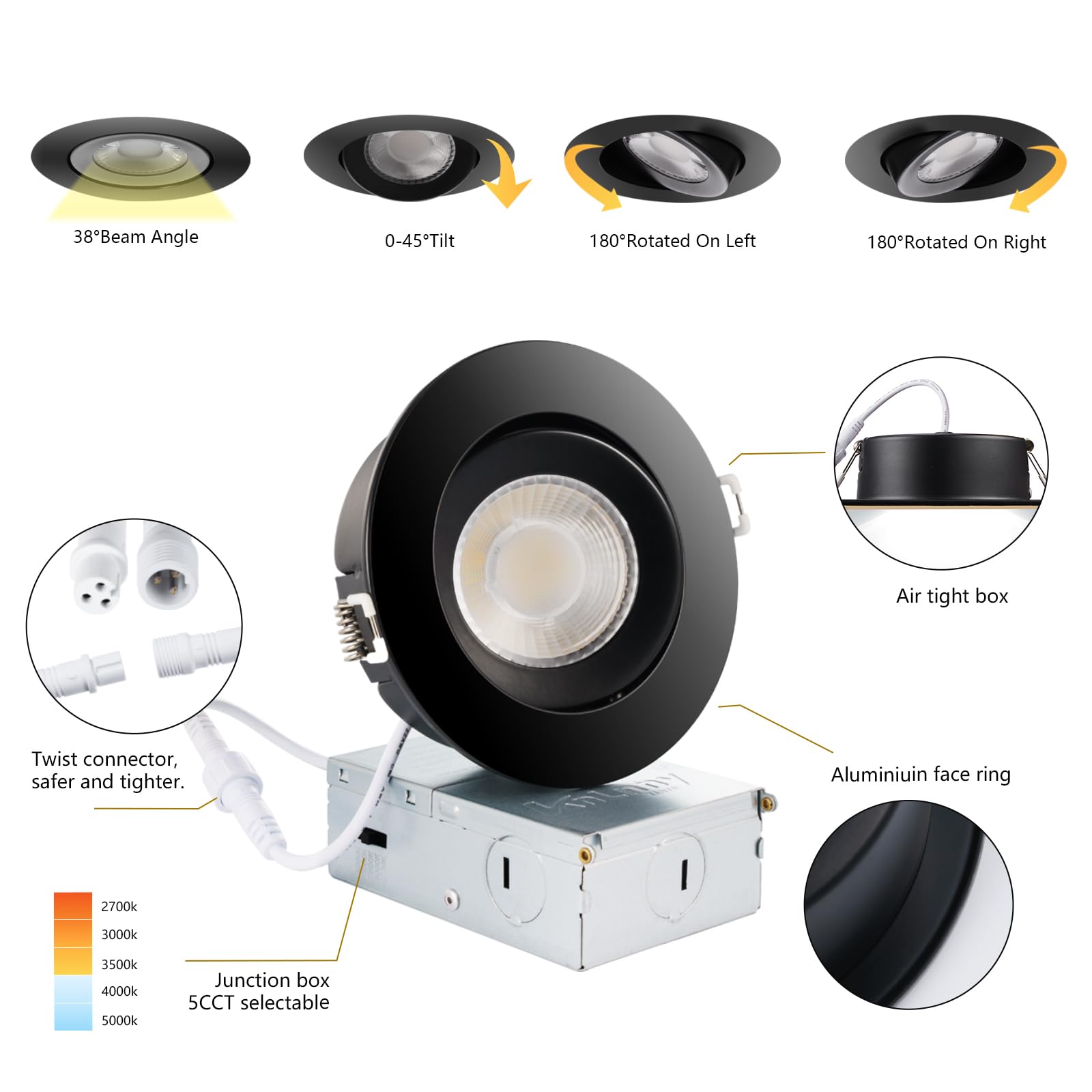 Knlnny Ware Black Recessed Lighting 4 Inch 6 Pack, Ajustable Eyeball Gimbal Canless Recessed Lights With Junction Box,9W 750Lm,D