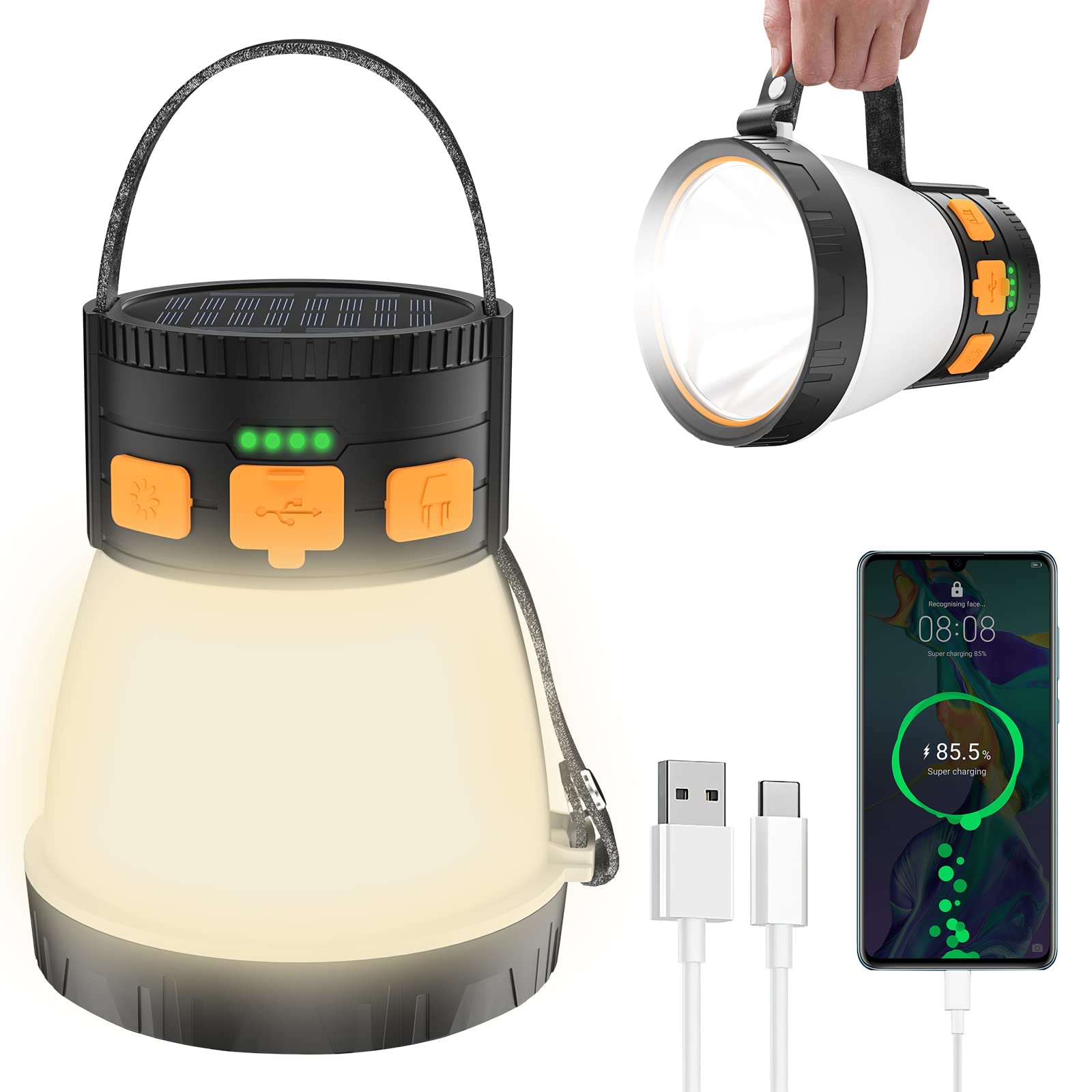 iToncs LED Camping Lantern 1500 Lumens Rechargeable Waterproof 7500mAh Power Bank 8 Light Modes Orange&Black