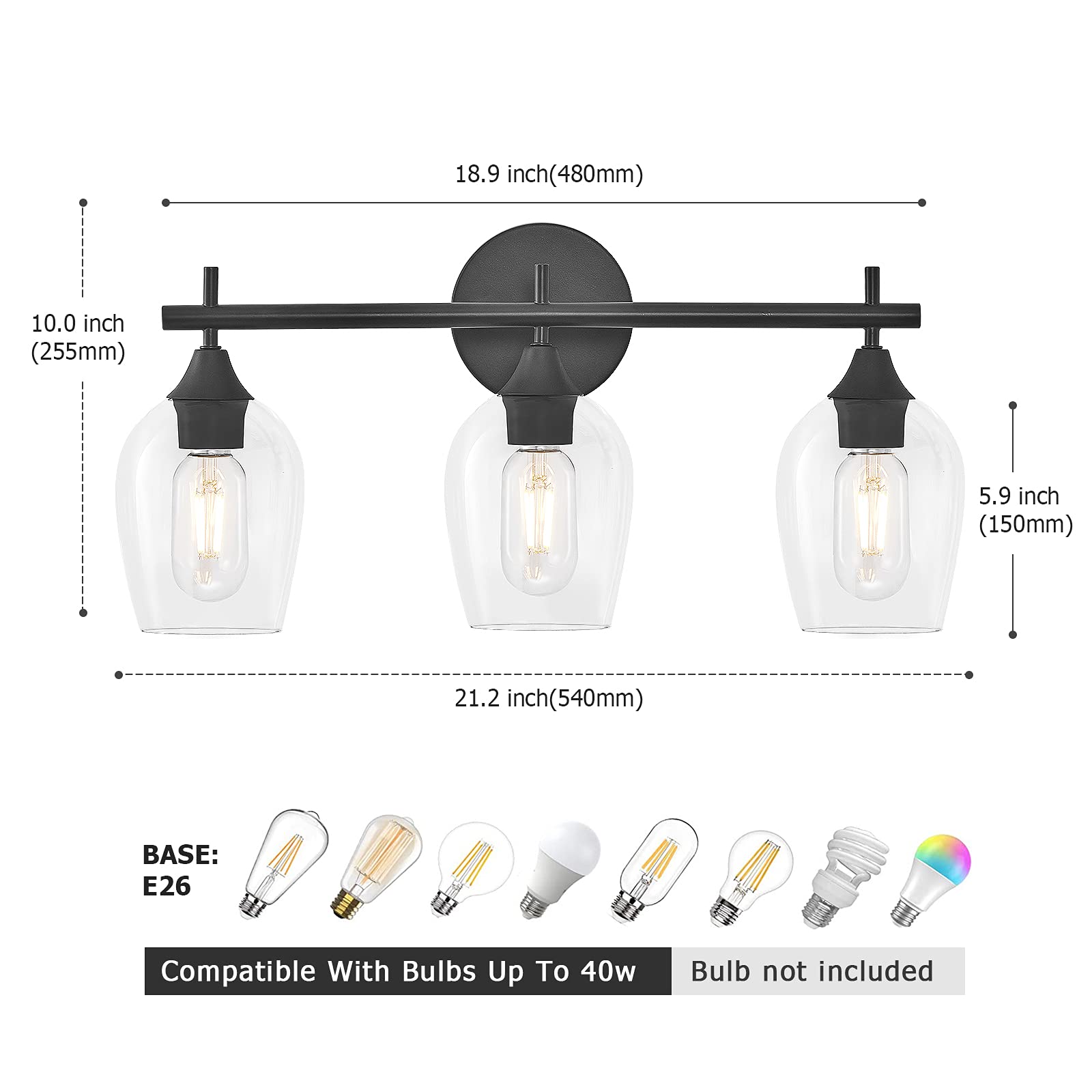 XGFOURSEVEN 3-Light Black Bathroom Lighting Fixture, Vintage Vanity Light with Clear Glass Shade,Modern Wall Lamp for Bedroom Ha
