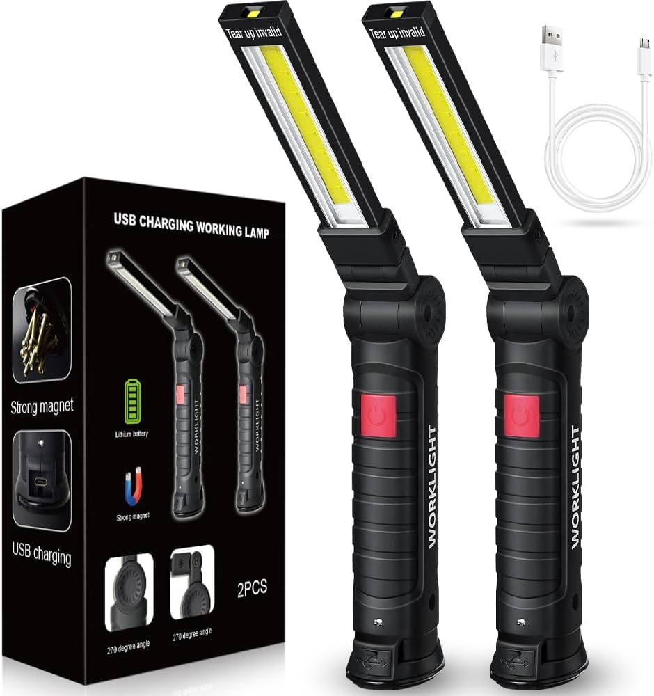 Led Work Light Rechargeable Flashlight  Christmas Stocking Stuffers Gifts For Men Him Husband Mechanic Torch Grill Light Inspection Lamp Magnetic Base 5 Modes 360 Rotate Car Emergency Repair 2Pcs