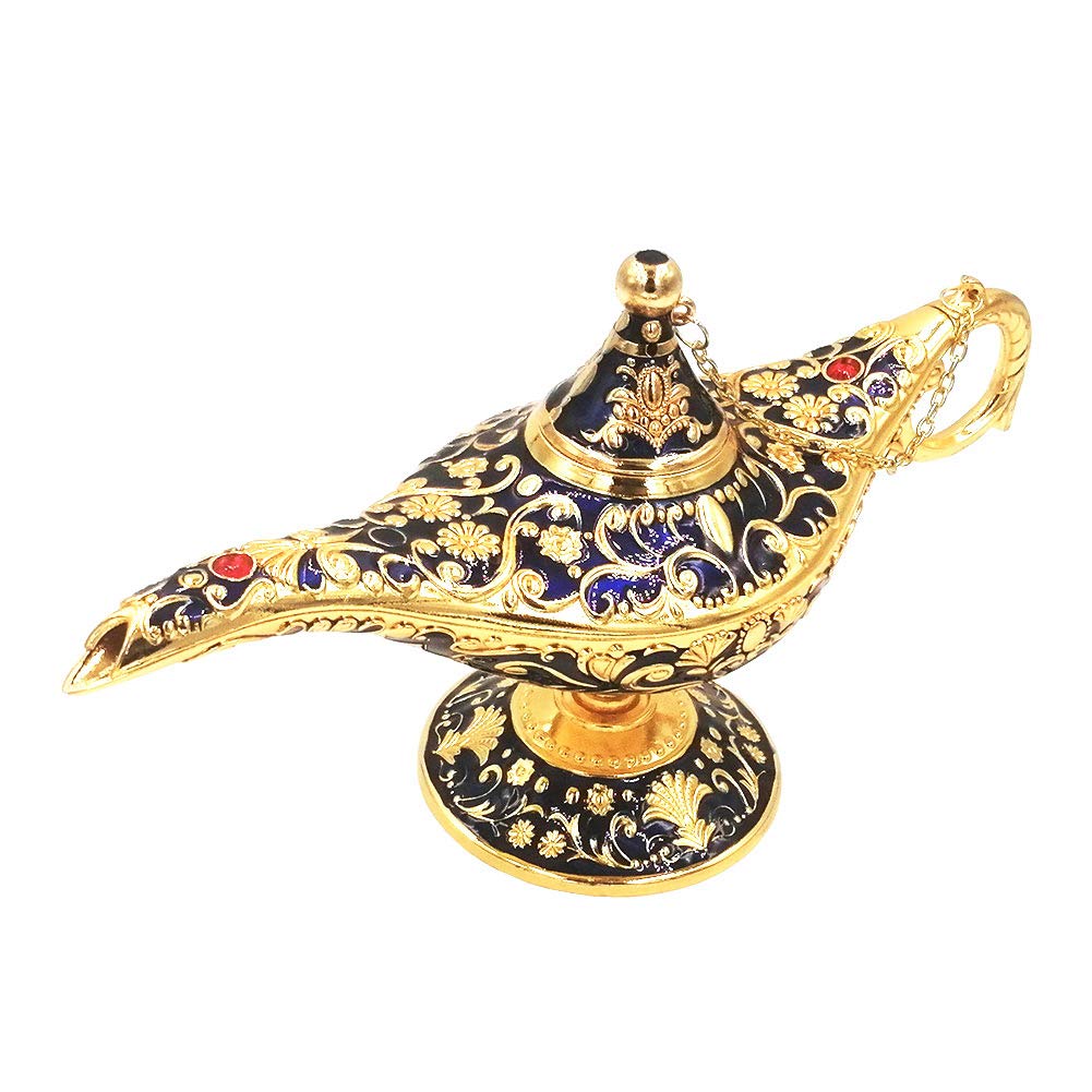 Honoro Vintage Legend Aladdin Magic Genie Lamp - Metal Carved Wishing Light for Home Wedding Party Tabletop Decoration Delicate Gift,Large Dark Blue
