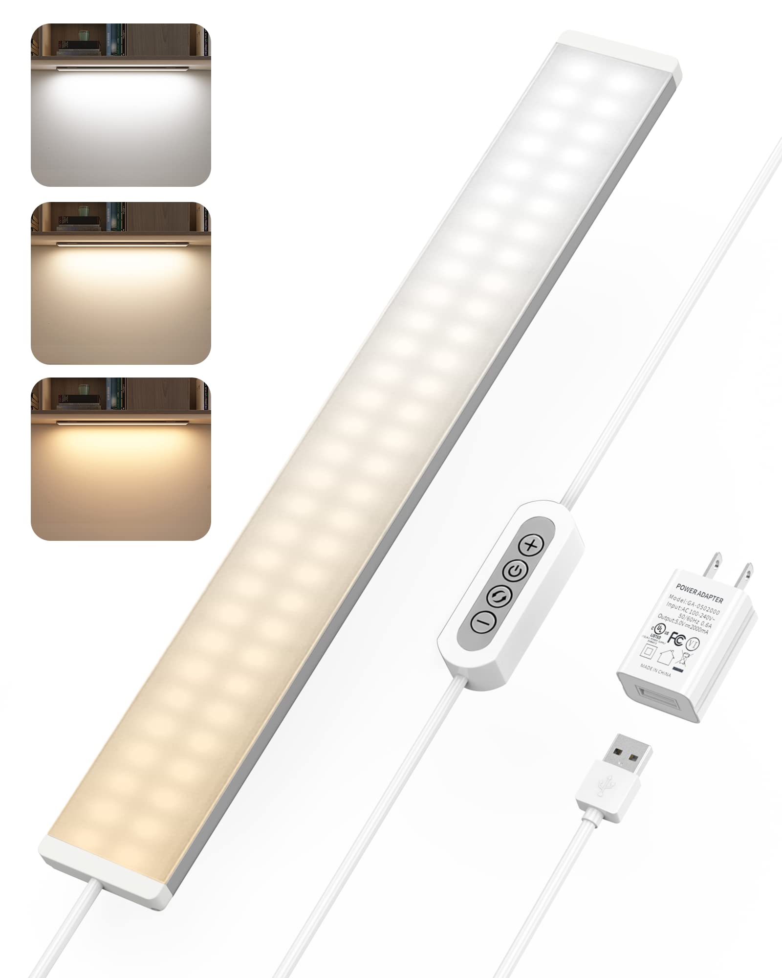 ASOKO Under Desk Light Bar, Dimmable 3 Temperatures, 16 Inch, Aluminum, Model UNO-PRO-DG, USB Plug-in for Kitchen/Cabinet