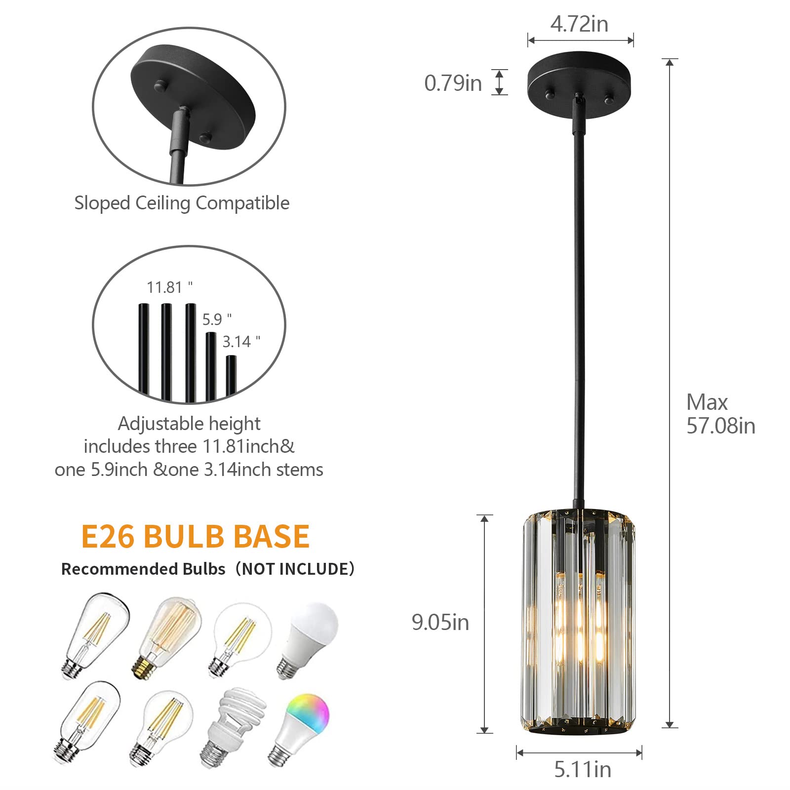 zhllmq Black Pendant Lighting - Modern Mini Crystal Chandeliers, Adjustable, Round-3-Pack for Kitchen, Dining, Bedroom, Model JP-403