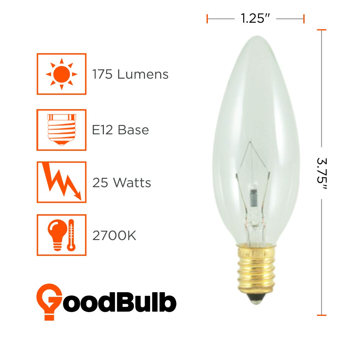 Goodbulb 25 Watt Torpedo Candelabra Light Bulbs B10 Clear Finish E12 Base 2700K Soft White Light Dimmable 25W 175 Lumens Decorat