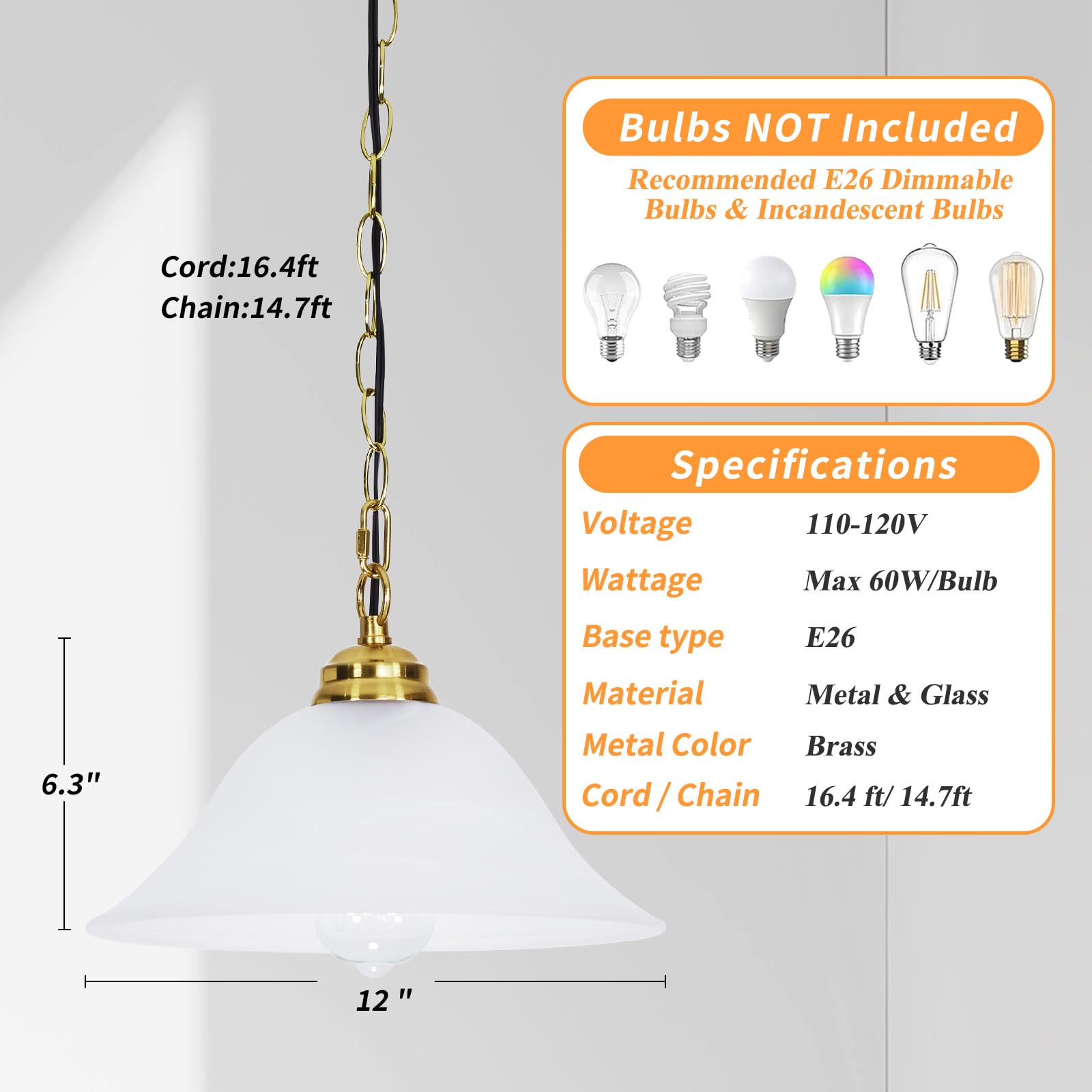 Shengqingtop Plug In Pendant Light Alabaster Glass Shade Hanging Lamp With On/Off Switch,16.4Ft Cord & 14.7Ft Chain Dimmable Bra
