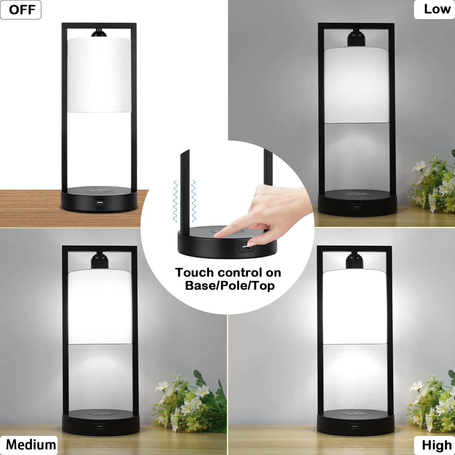 TOBUSA Touch Control Table Lamps Set of 2, 5000K Dimmable Bedside Nightstand Lamps with USB Port, Model HRP-TS12008W-A