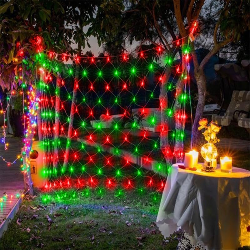 198 Led Christmas Net Lights Plug In  9.8 Ft X 6.6 Ft Red Green Waterproof Net Lights Outdoor  8 Twinkle Modes Mesh Fairy Light For Xmas Tree Bush Garden Ceiling Holiday Decoration