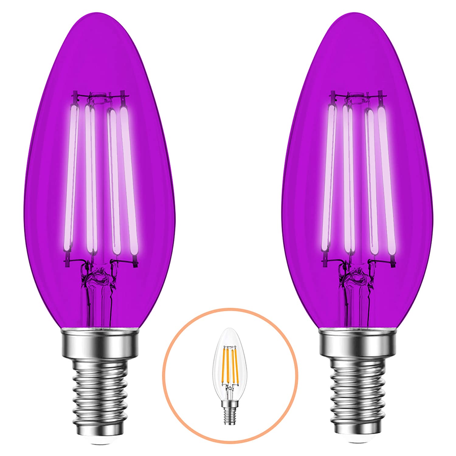 2 Pack E12 Filament LED Purple Light Bulbs - E12 Candelabra Bulb 4W 40 Watt Equivalent - Vintage Lighting Purple LED Bulb Party 