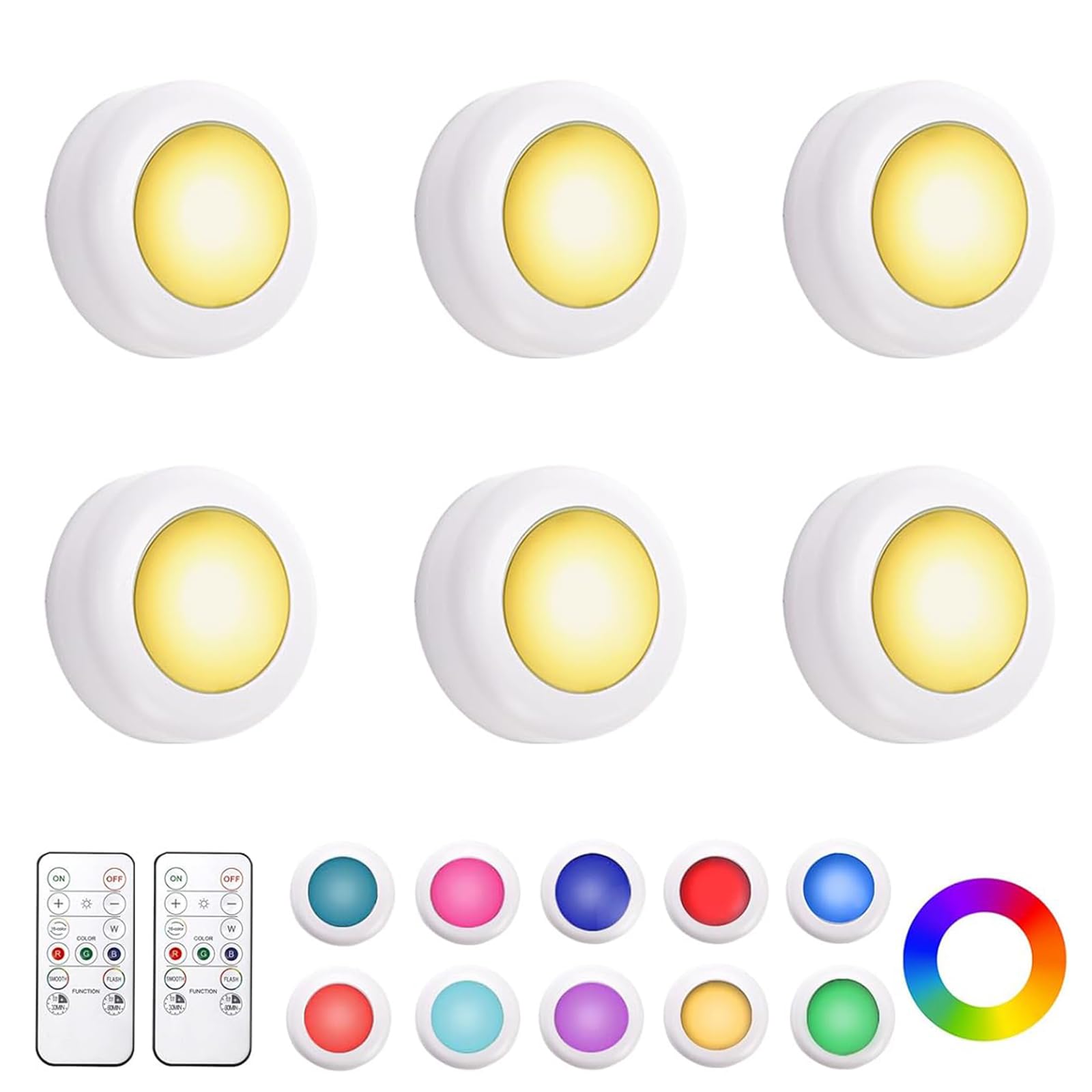 Hbaushun LED Puck Lights 6 Pack,16 Color Changeable Wireless LED Cabinet Lights,Battery Operated Night Light with Dimmer & Timme