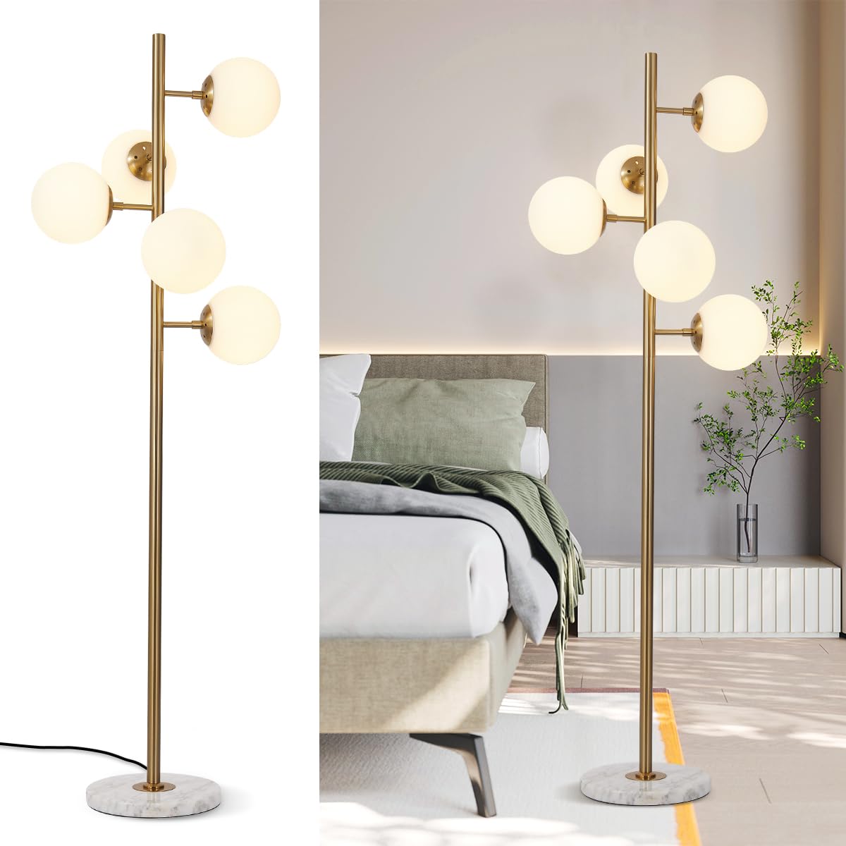 KCO Lighting 5-Light Frosted White Glass Globe Floor Lamp Mid Century Modern Gold Tall Pole Standing Light LED Standing Lamps wi