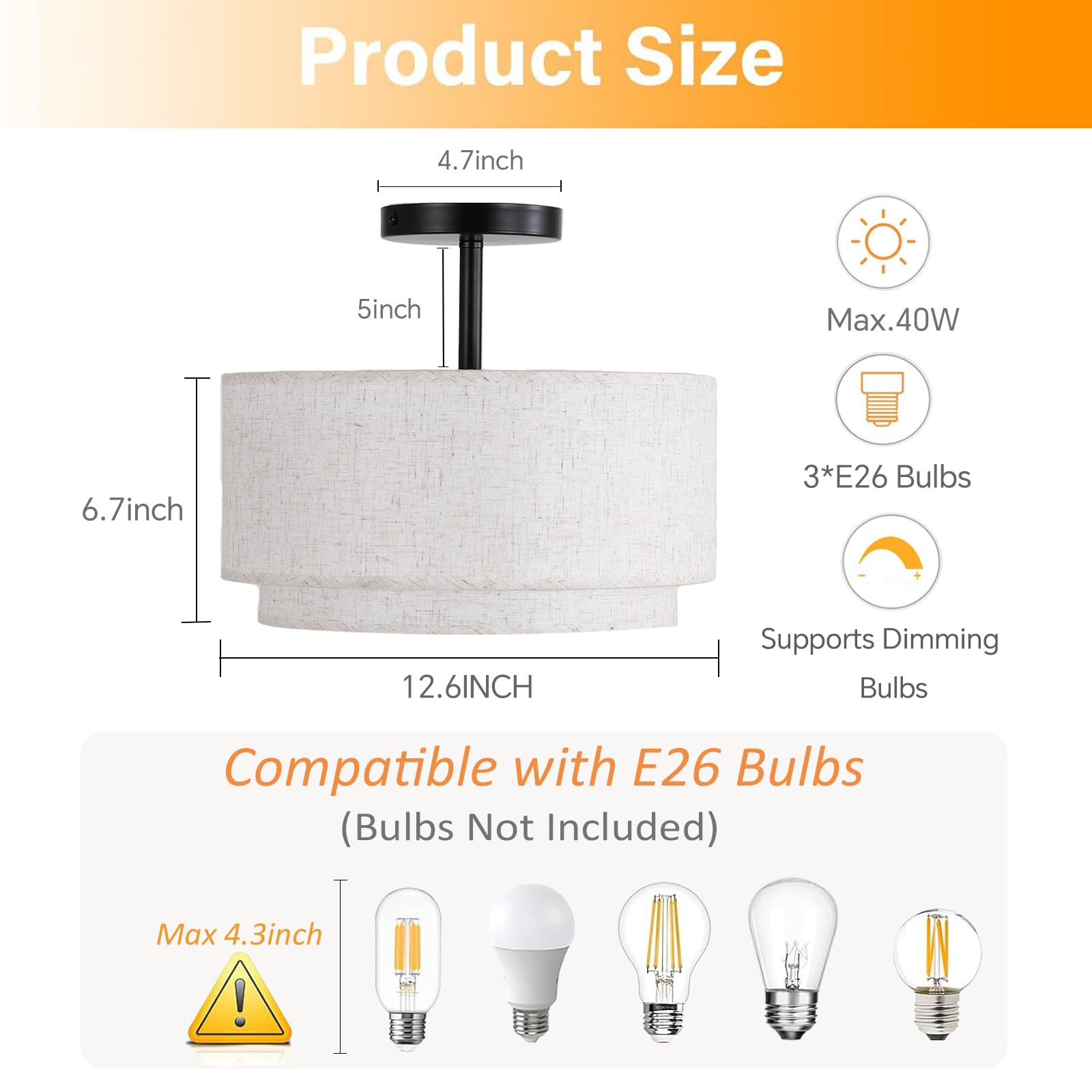 Vexagyle 12.6Inch Flush Mount Ceiling Light Fixture,3-Light Modern Close To Ceiling Light With 2-Layer Linen Fabric Shade,Farmho