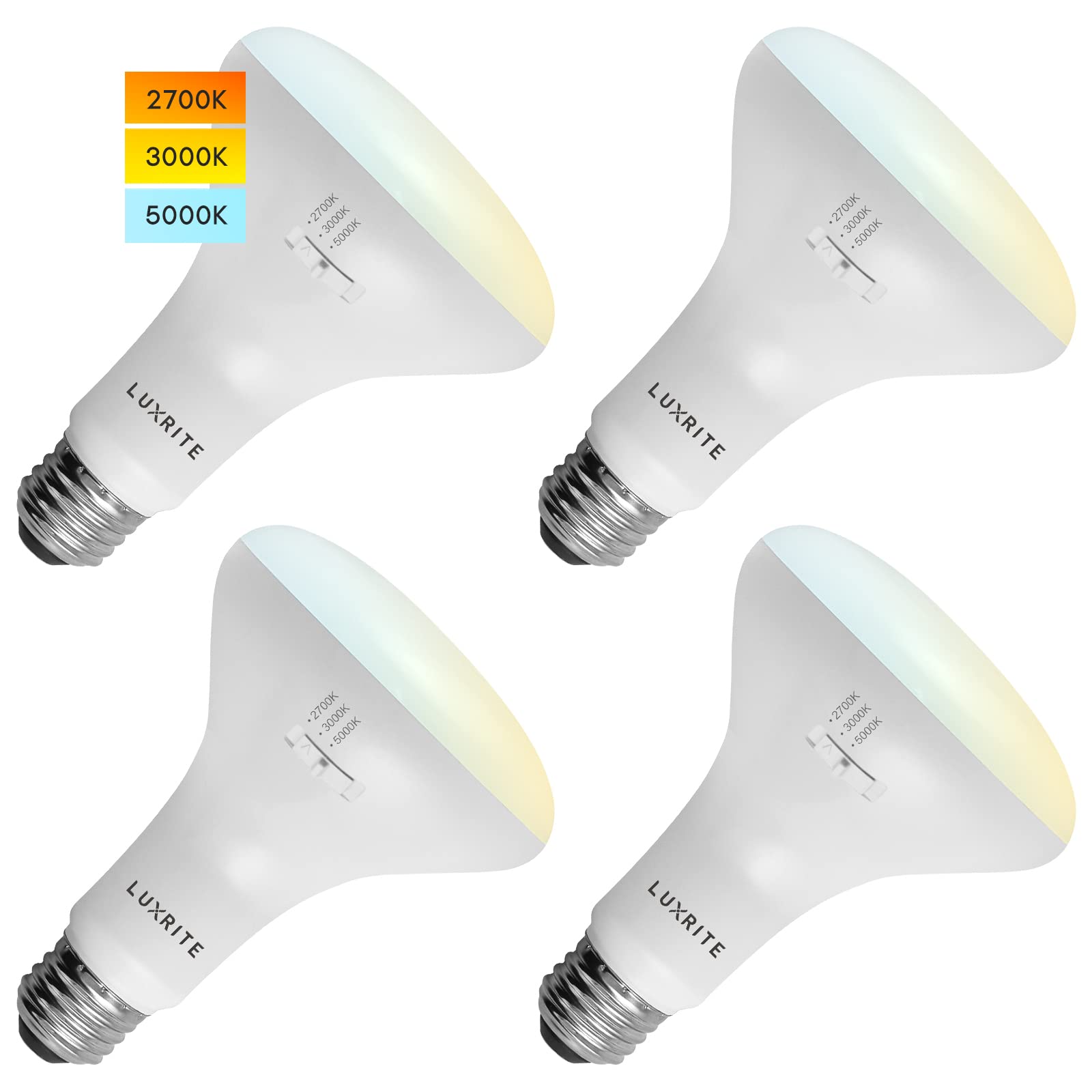 LUXRITE BR30 LED Bulb 4-Pack, 65W Equivalent, Dimmable, 850 Lumens, 10W, 3 Color Selectable (2700K/
