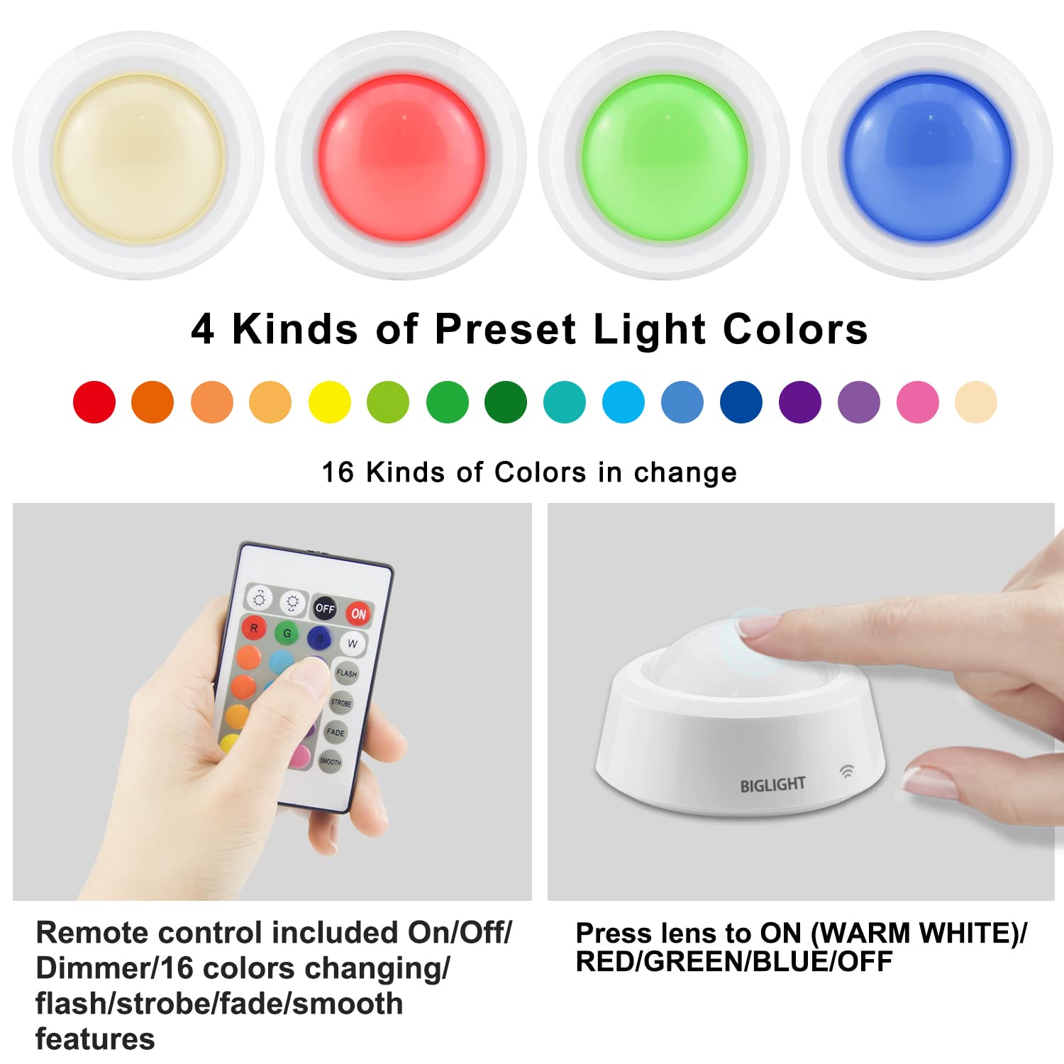 BIGLIGHT Battery Operated LED Puck Lights, Remote Controlled, RGB, 4 Pack, Plastic, M Size, 16 Colors