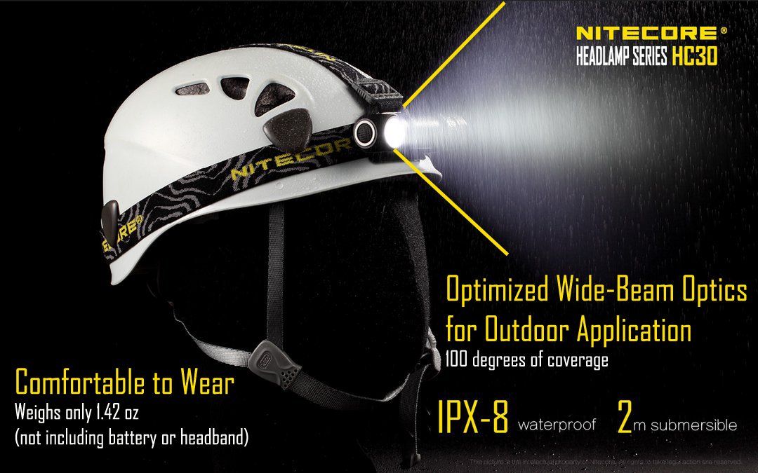 Nitecore HC30 LED Headlamp, 1000 Lumens, Rechargeable, Aluminum, Small, Black, Model NC-HC30+NL1823+UM10, Bundle with Battery &