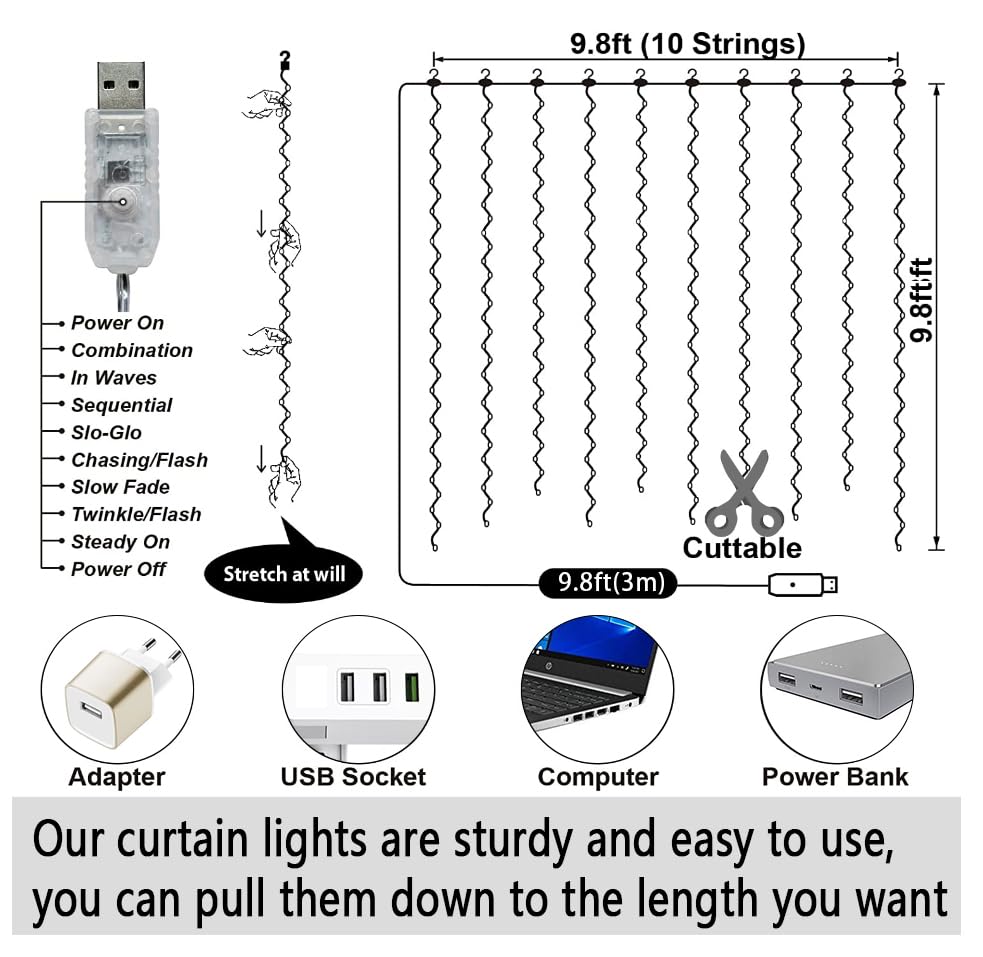 Eueasy 300 LED Curtain Lights, 9.8ft x 9.8ft Fairy Lights with 8 Modes, String Hanging Lights, Remote Control, Perfect for Indoo