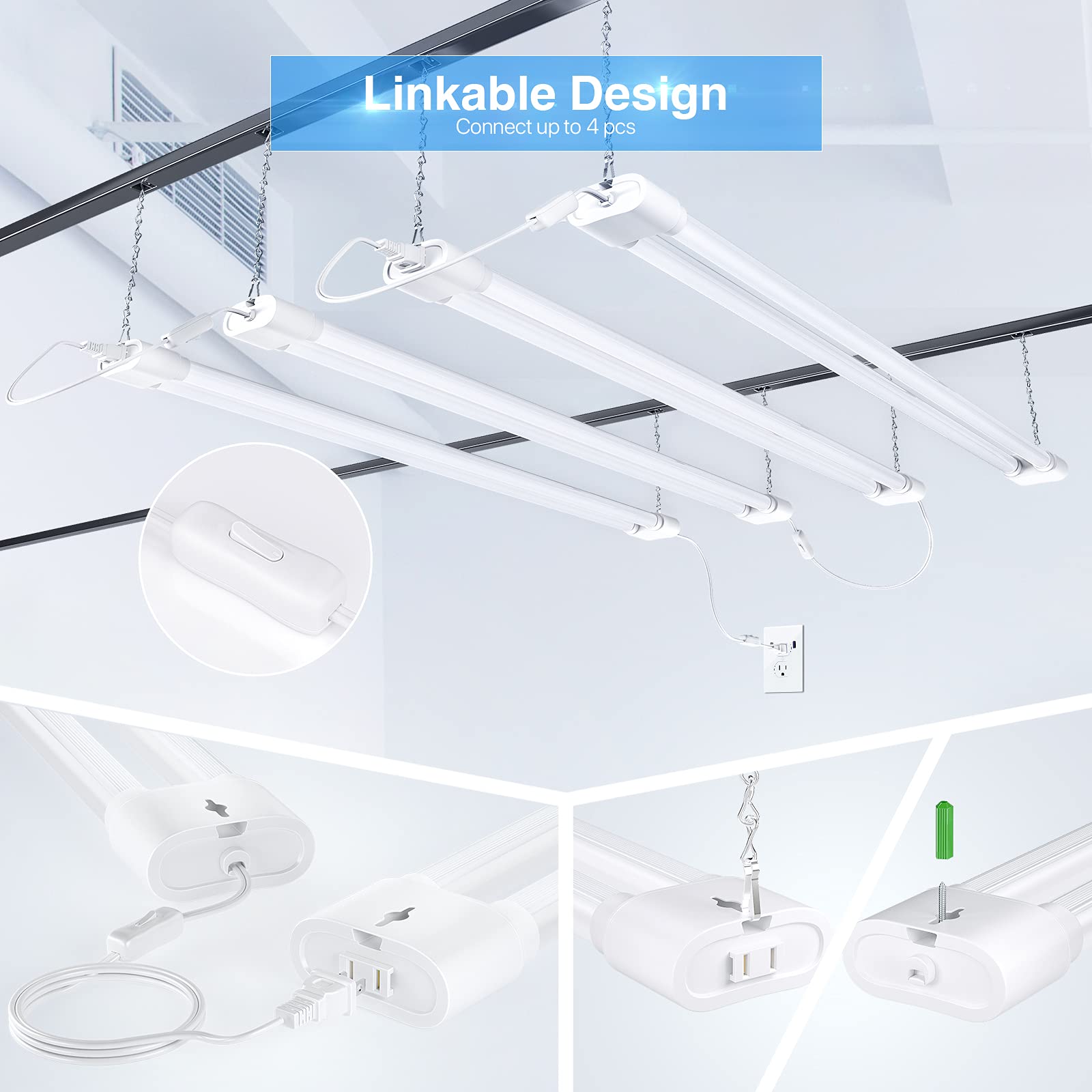 Ensenior 4ft Linkable LED Shop Light, 4400 Lumens, 36W Equivalent, 10 Pack, White, Model LSL-WH-10PACK, ETL Certified