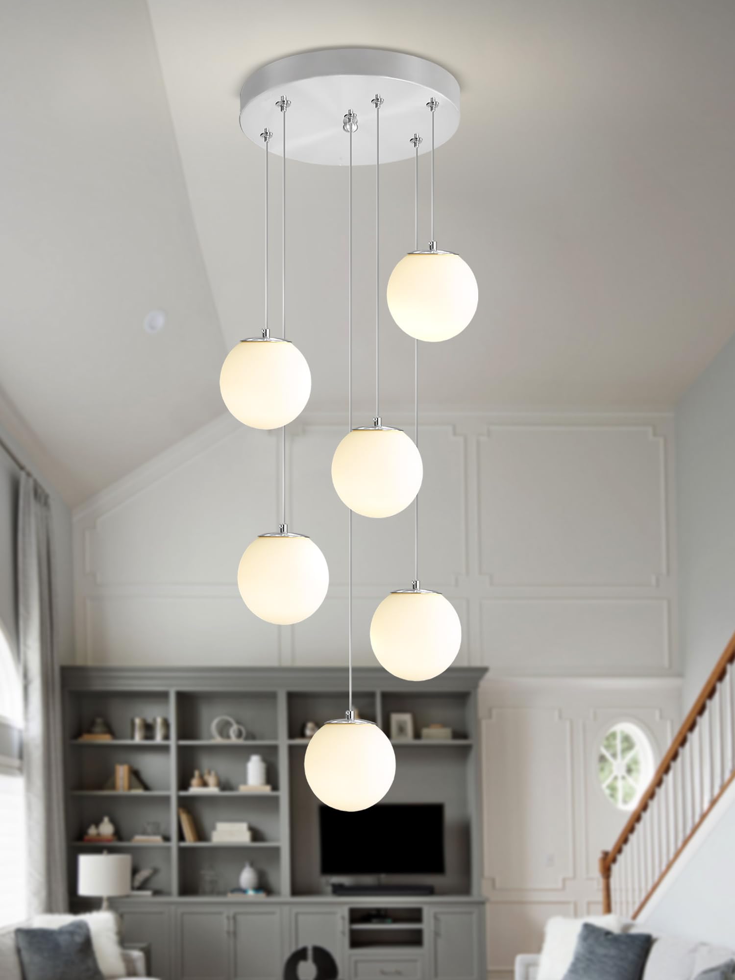 ykolupty 6-Light Silver Chandelier with White Globe Glass - Dimmable Ceiling Light for Kitchen Island, Dining Room, LED Bulbs Included