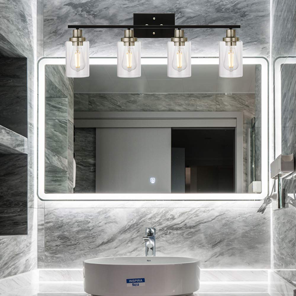 MELUCEE 4-Light Vanity Lights, Metal with Clear Glass Shade, Black and Brushed Nickel, Wall Mount for Bathroom and Bedroom