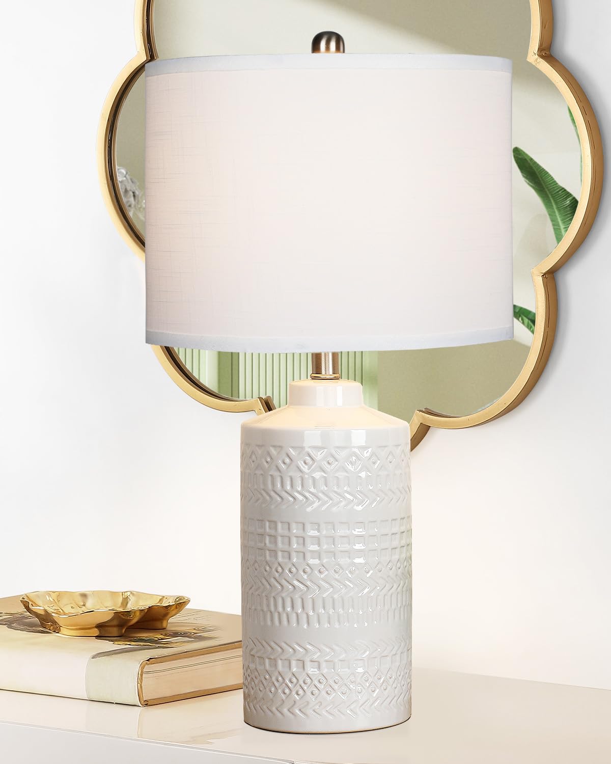 JUNNAI 24.5" White Ceramic Table Lamp - 3-Way Dimmable Bedside Light with Linen Shade for Bedrooms & Living Rooms, Bulb Included